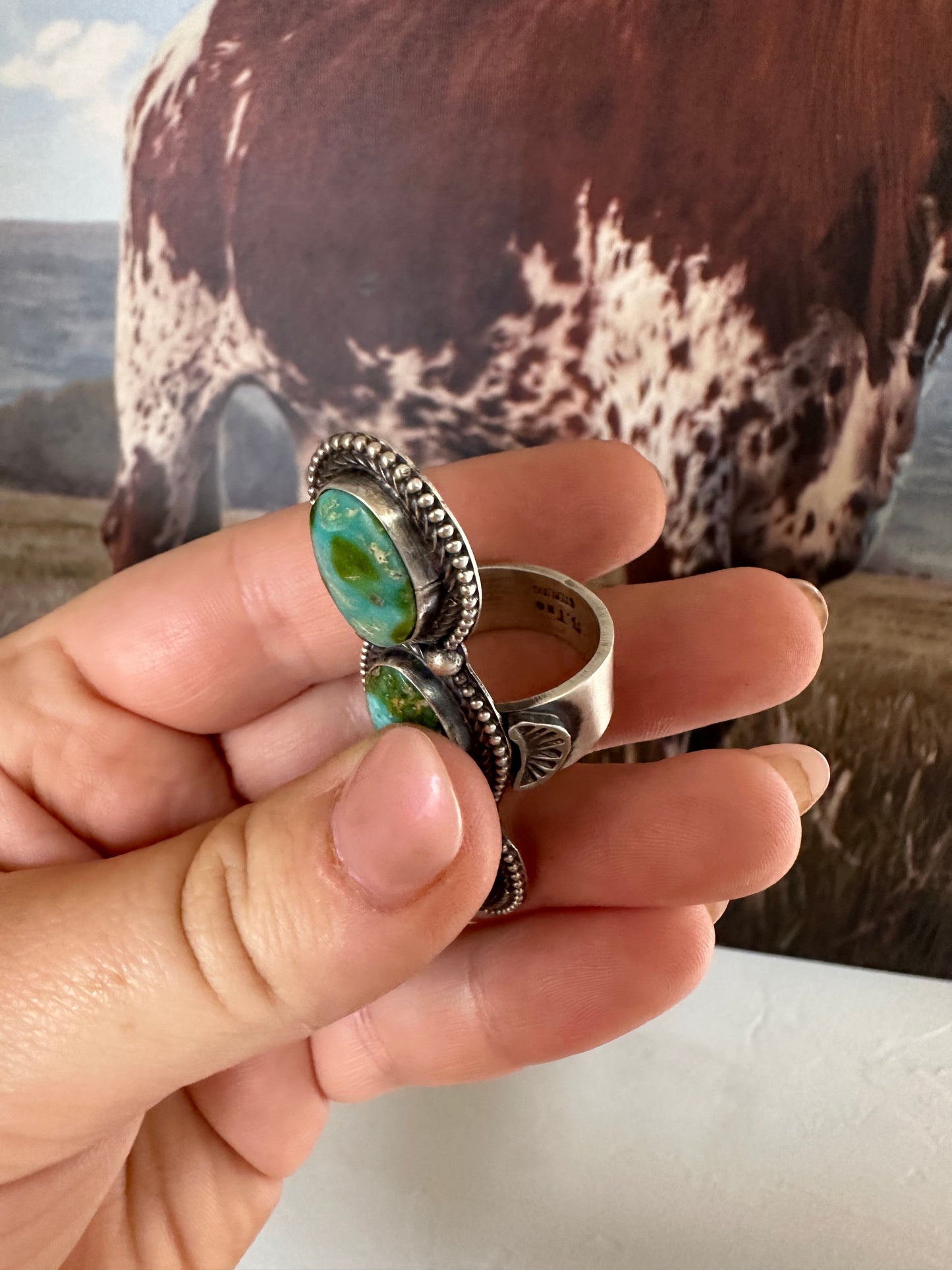 Navajo Sonoran Gold Turquoise & Sterling Silver 3 Stone Ring Size 8.5 Signed