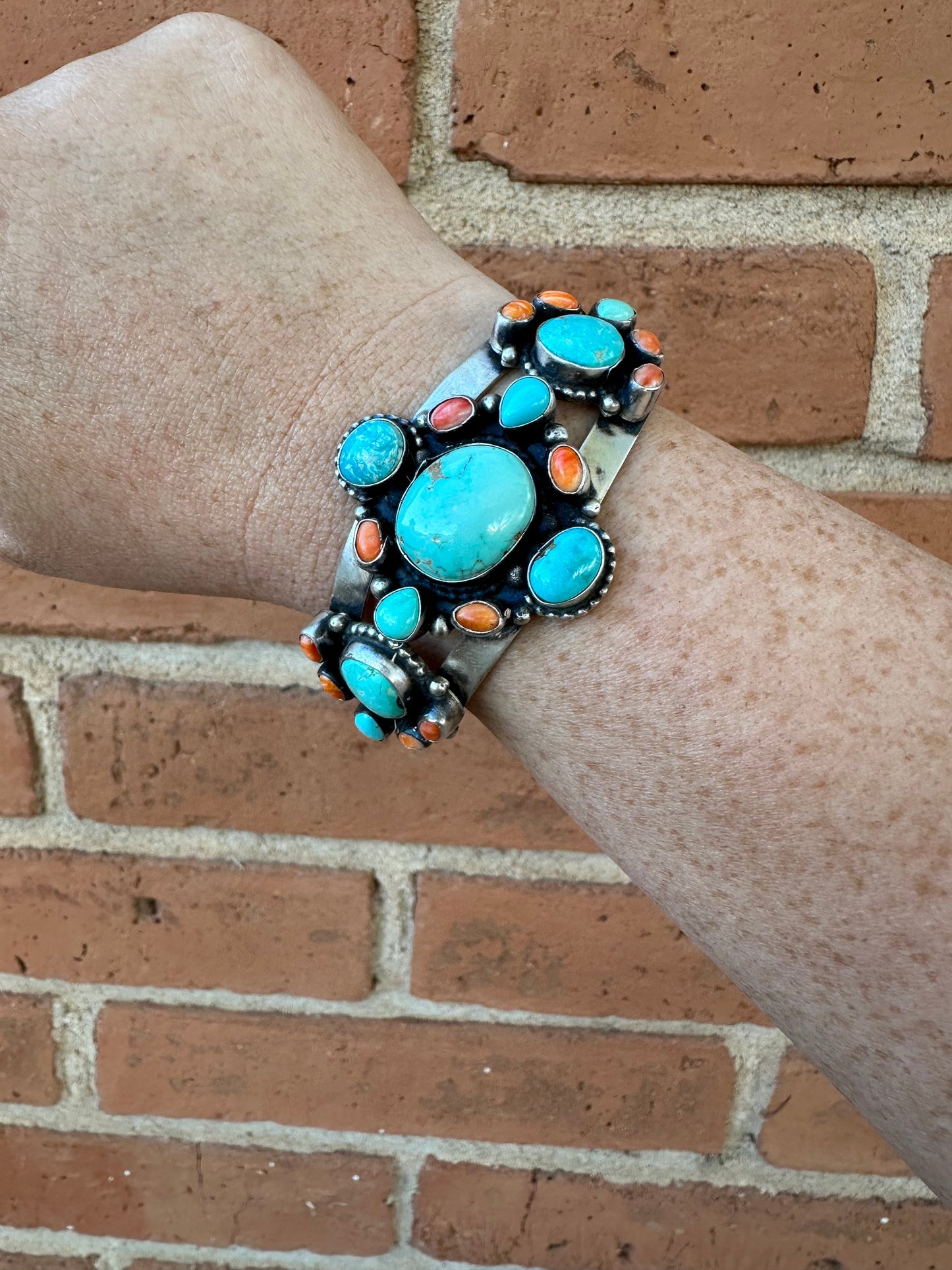 Navajo Turquoise & Spiny Sterling Silver Bracelet Cuff Signed Sheila