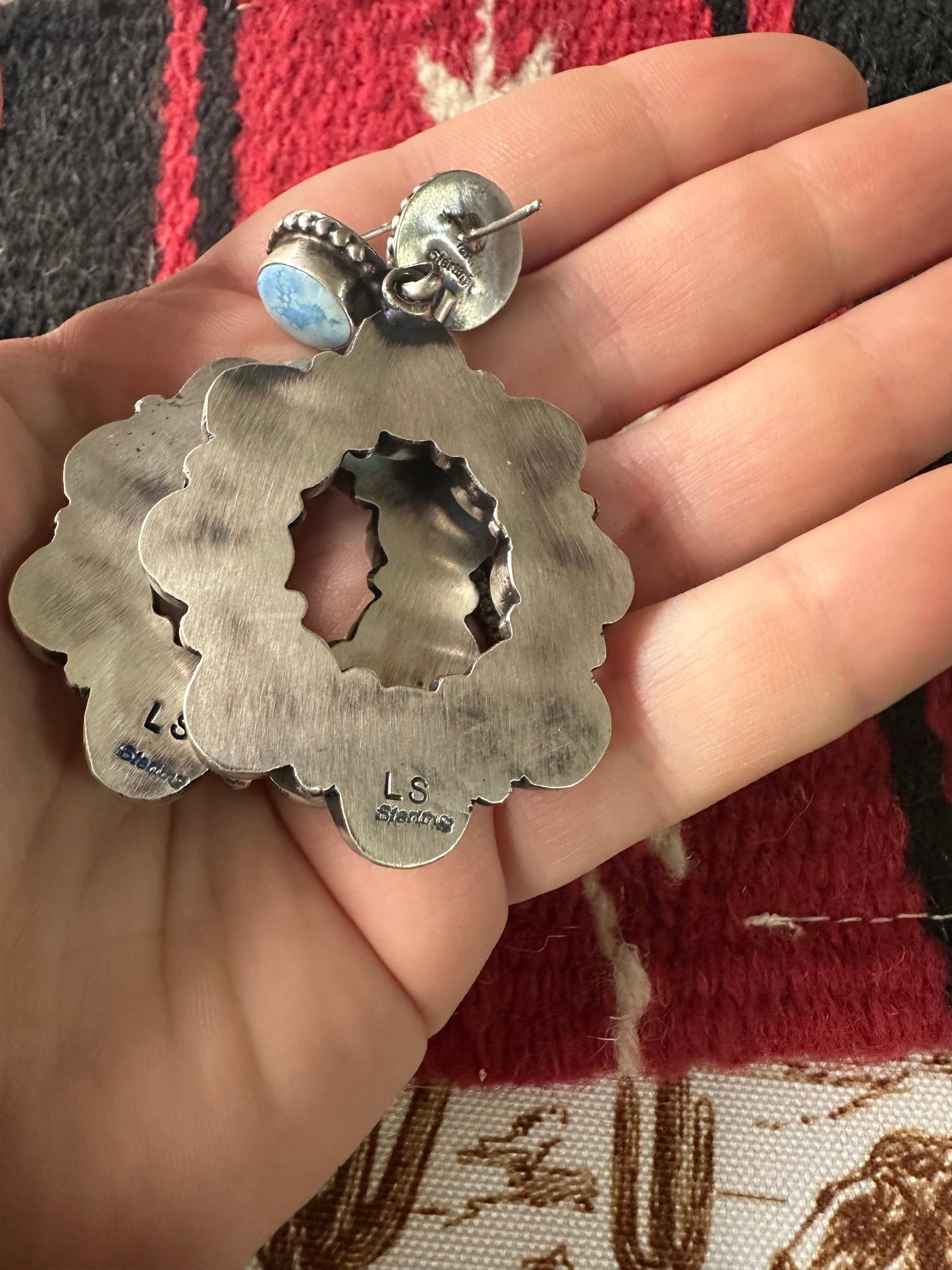 Navajo Golden Hills Turquoise & Sterling Silver Cluster Dangle Earrings Signed