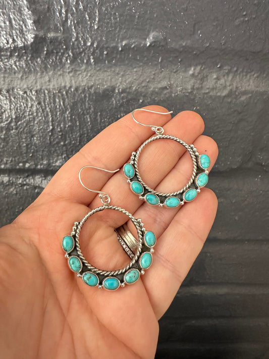 “Desert Trail” Nizhoni Natural Turquoise and Sterling Silver Dangle Hoop Earrings