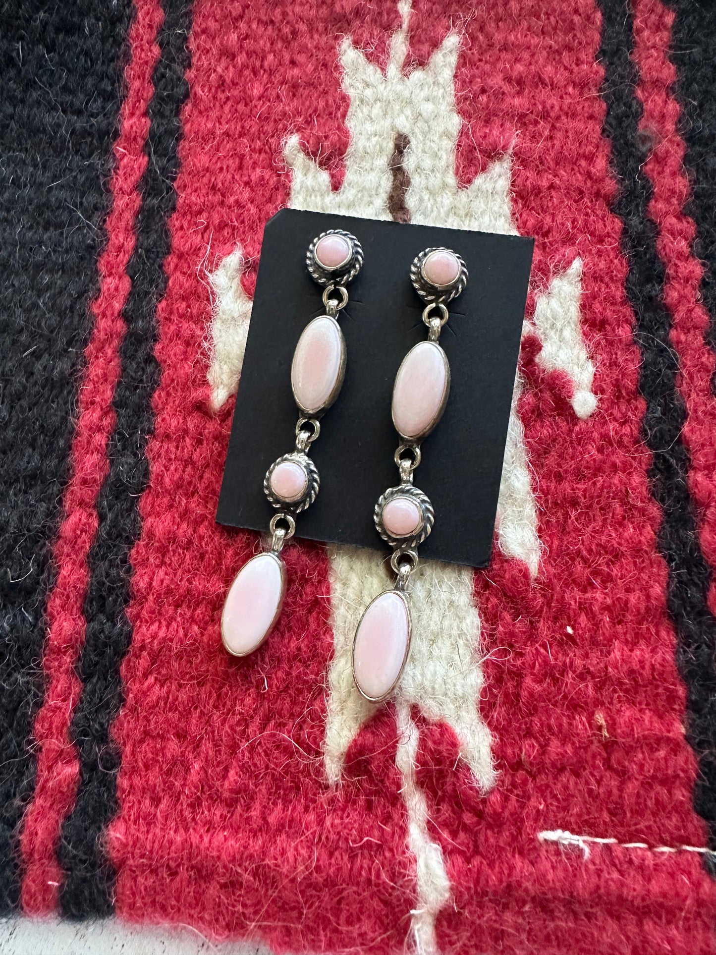 Navajo Pink Conch and Sterling Silver 4 Stone Dangle Earrings Signed