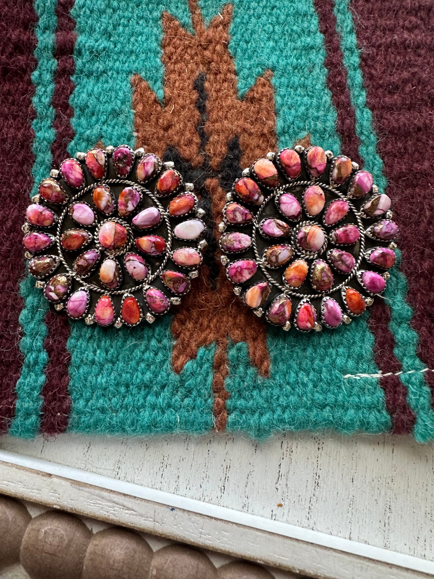 Navajo Pink Dream & Sterling Silver Cluster Post Earrings Signed