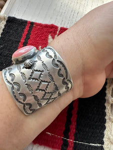 Navajo Queen Pink Conch Shell & Sterling Silver Cuff Bracelet by Chimney Butte