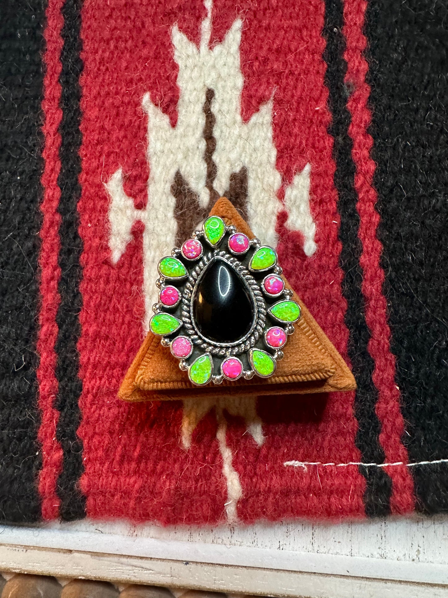 Nizhoni Handmade Adjustable Black Onyx, Pink & Green Fire Opal & Sterling Silver Ring