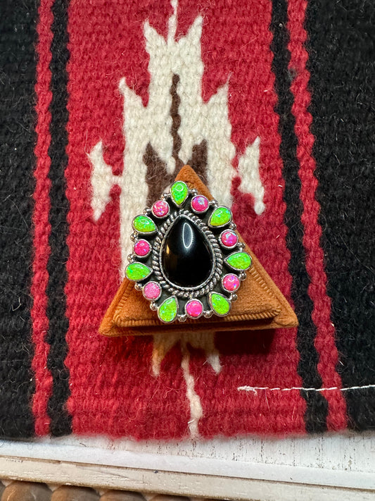Nizhoni Handmade Adjustable Black Onyx, Pink & Green Fire Opal & Sterling Silver Ring