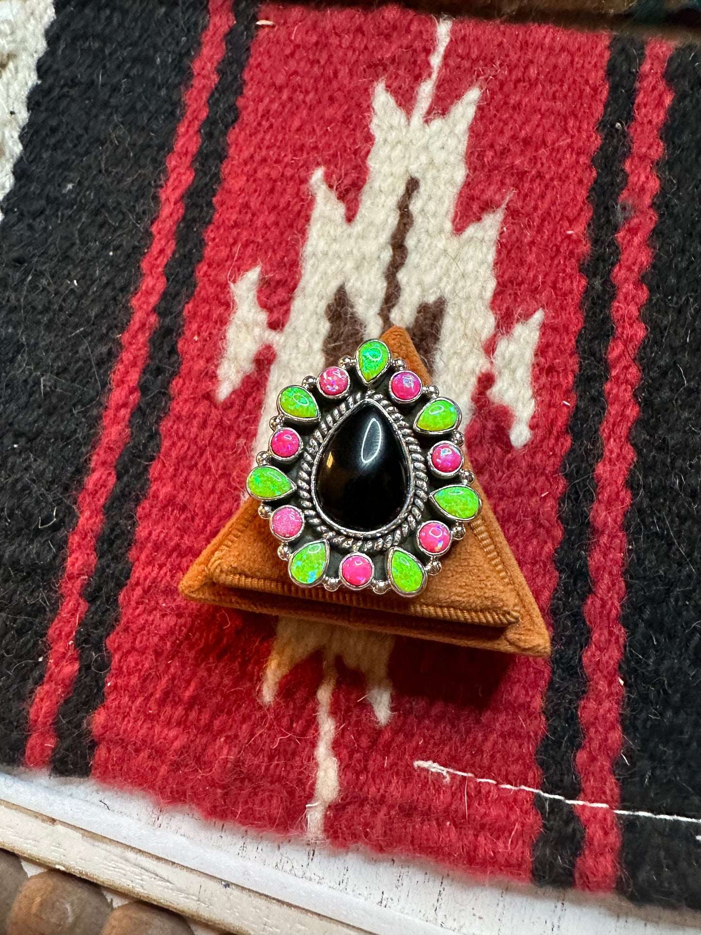 Nizhoni Handmade Adjustable Black Onyx, Pink & Green Fire Opal & Sterling Silver Ring