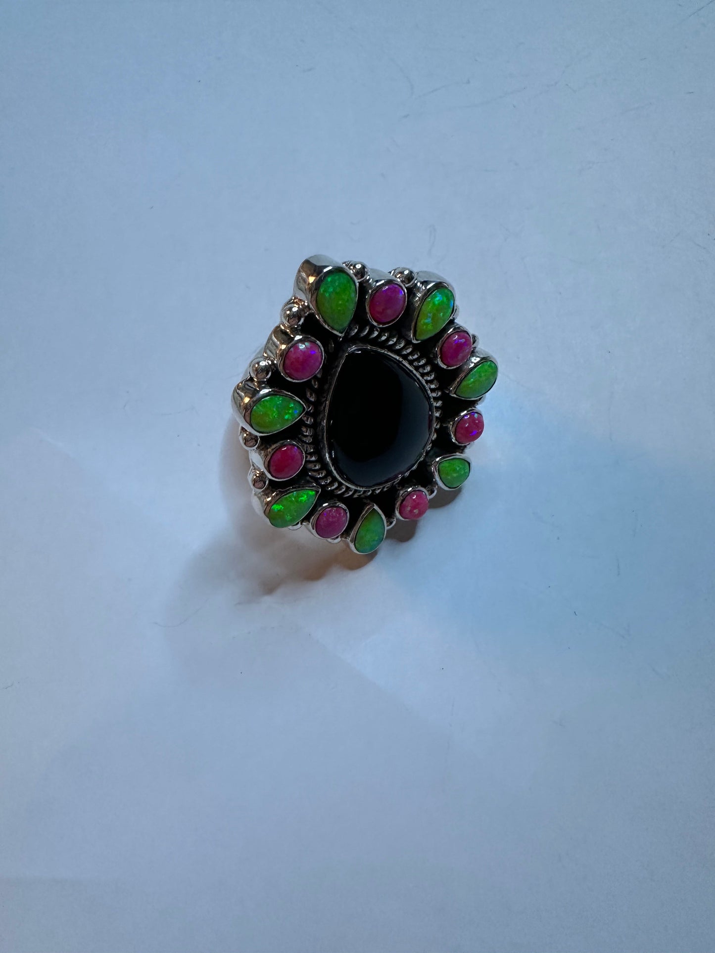 Nizhoni Handmade Adjustable Black Onyx, Pink & Green Fire Opal & Sterling Silver Ring