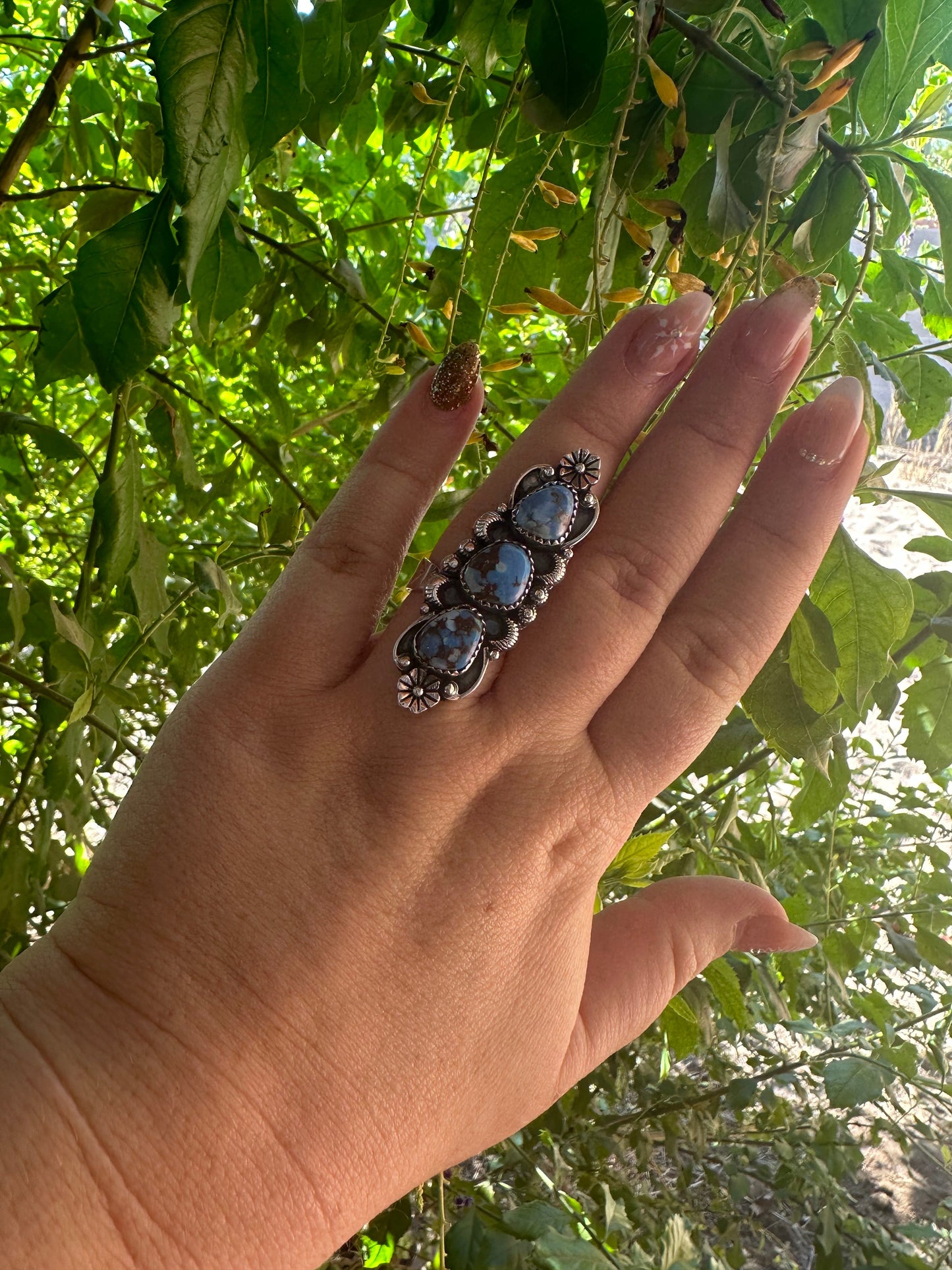 Handmade Golden Hills Turquoise & Sterling Silver 3 Stone Adjustable Ring Signed Nizhoni