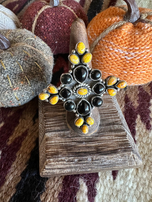 HALLOWEEN COLLECTION Nizhoni Black Onyx, Bumble Bee & Sterling Silver Adjustable Ring