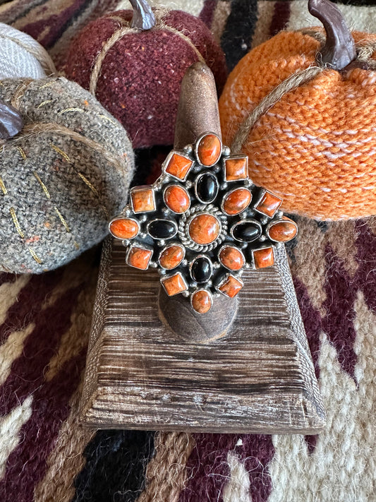 HALLOWEEN COLLECTION Nizhoni Black Onyx, Orange Mojave & Sterling Silver Adjustable Ring