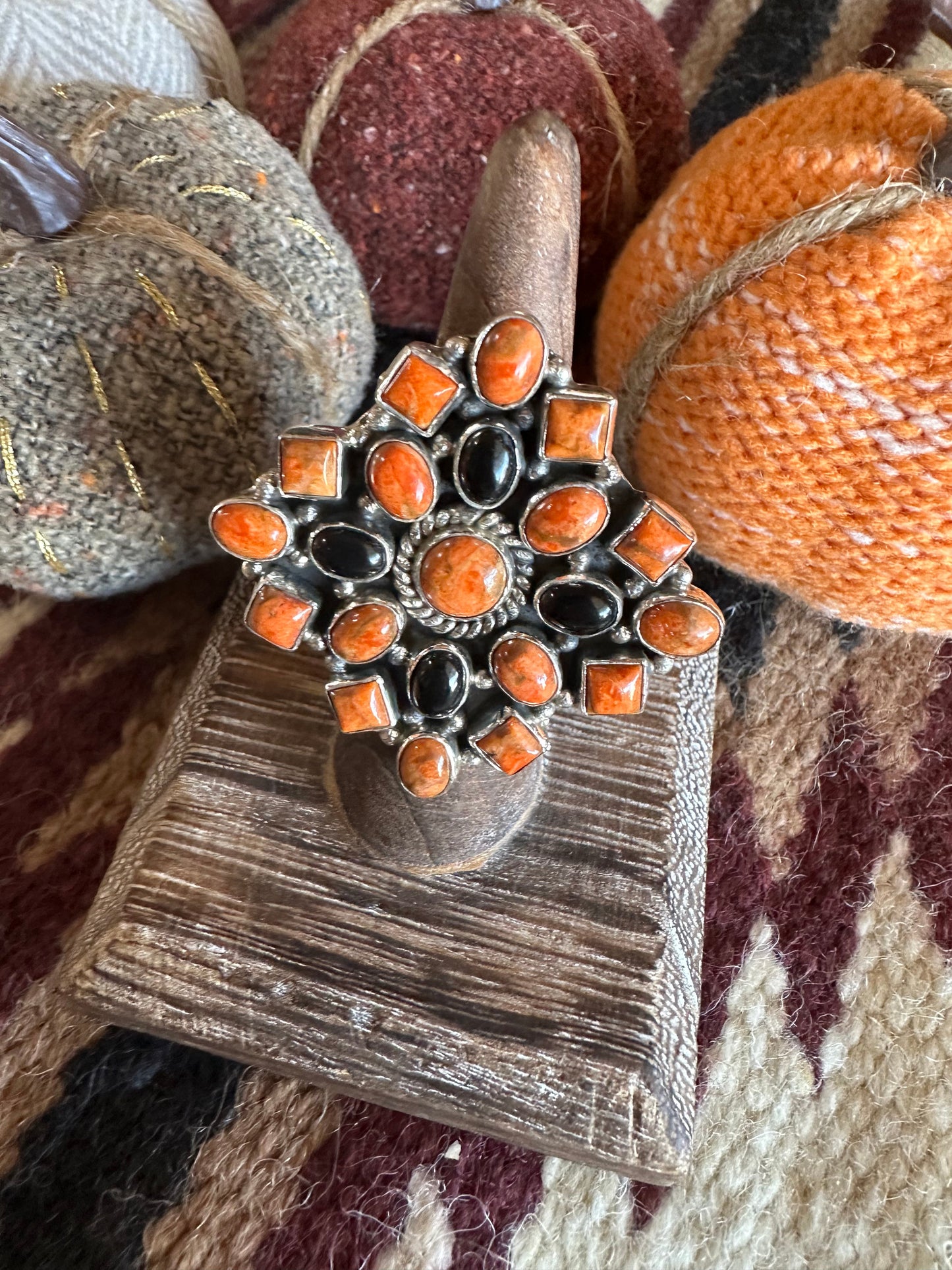 HALLOWEEN COLLECTION Nizhoni Black Onyx, Orange Mojave & Sterling Silver Adjustable Ring