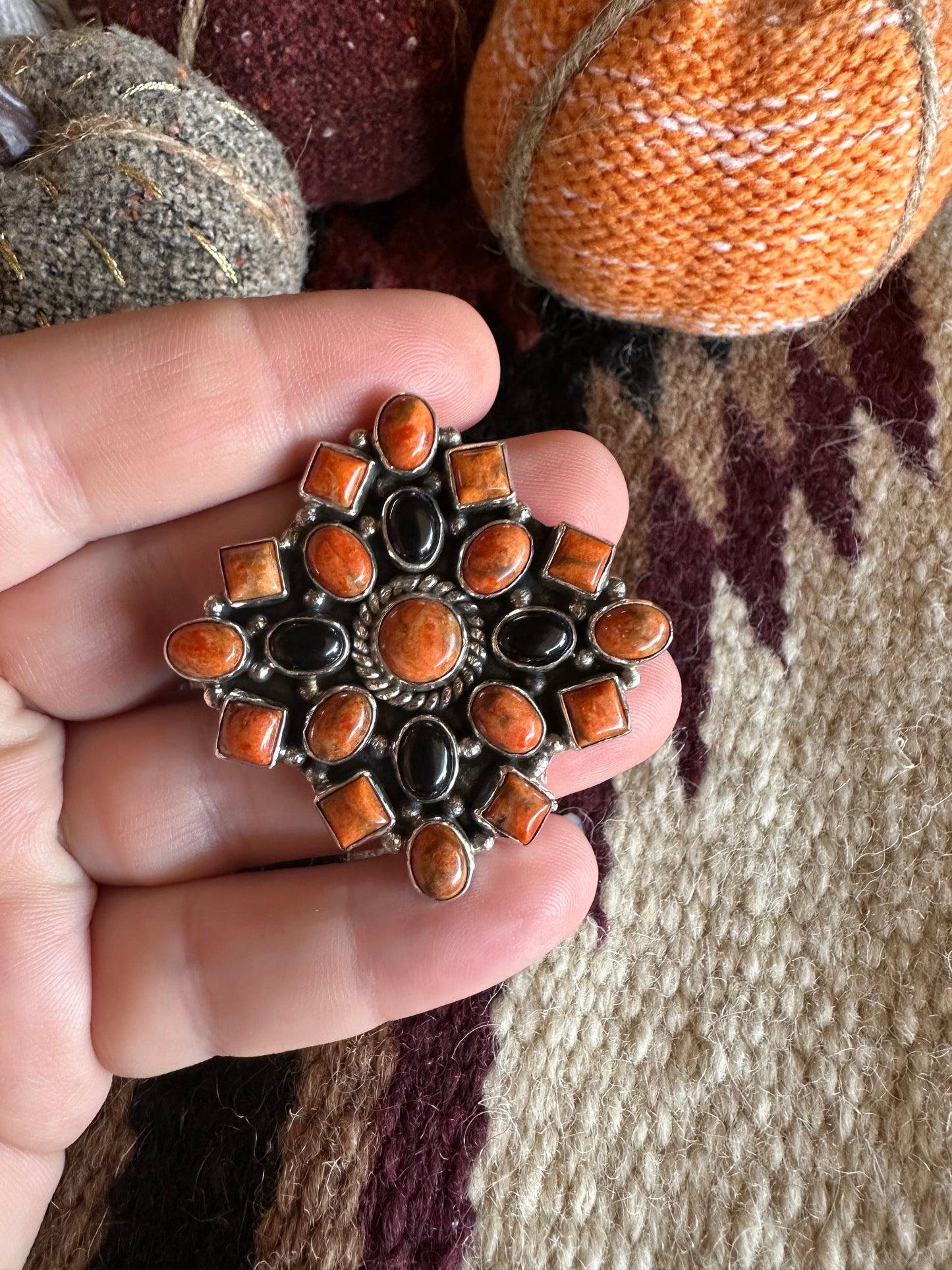HALLOWEEN COLLECTION Nizhoni Black Onyx, Orange Mojave & Sterling Silver Adjustable Ring