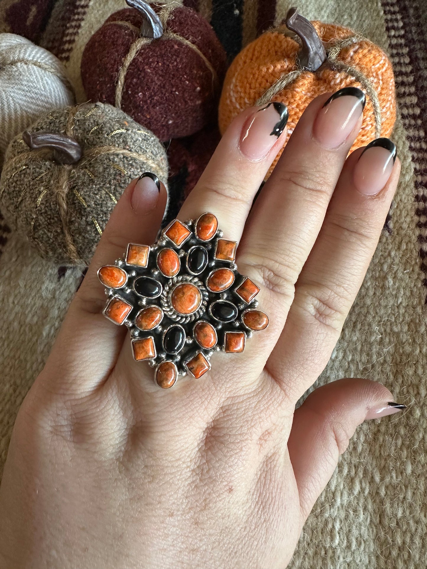 HALLOWEEN COLLECTION Nizhoni Black Onyx, Orange Mojave & Sterling Silver Adjustable Ring