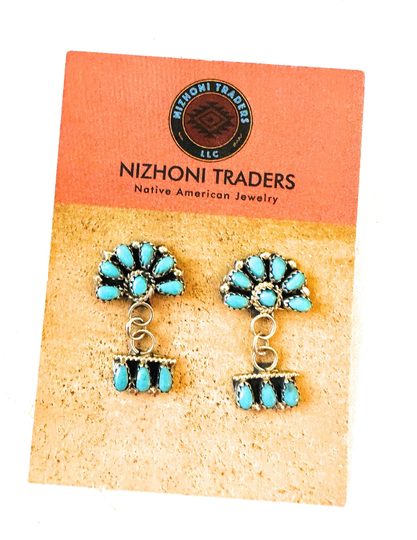 Zuni Sterling Silver & Turquoise Cluster Dangle Earrings