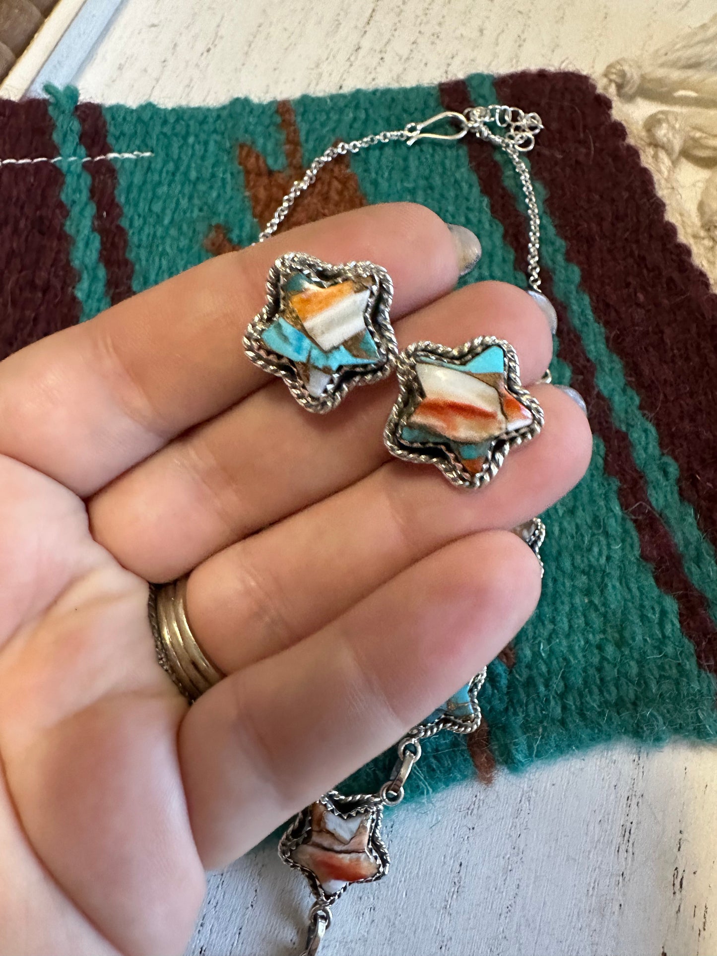 Handmade Sterling Silver & Spice Necklace & Earrings Star Set Signed Nizhoni