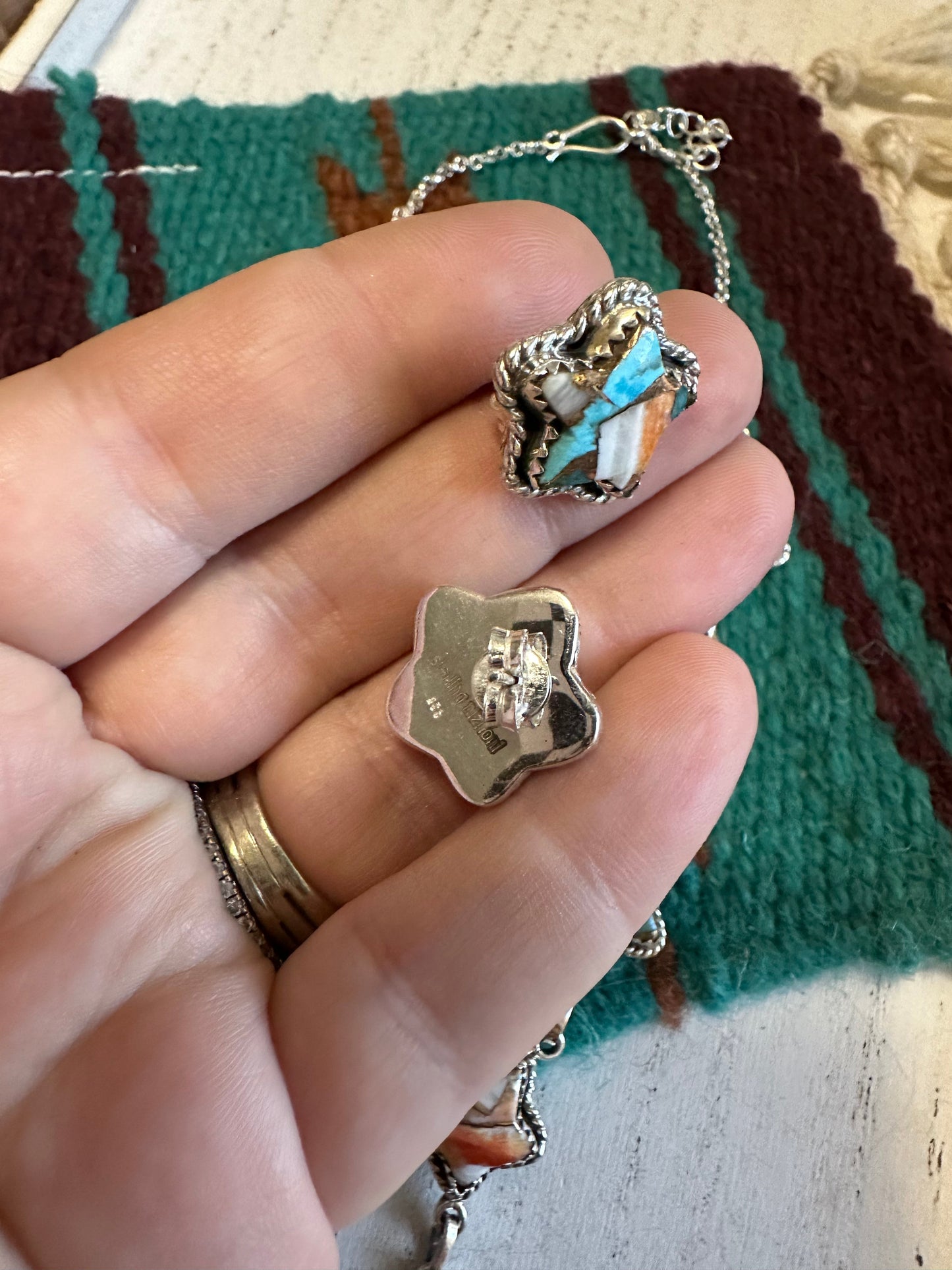 Handmade Sterling Silver & Spice Necklace & Earrings Star Set Signed Nizhoni