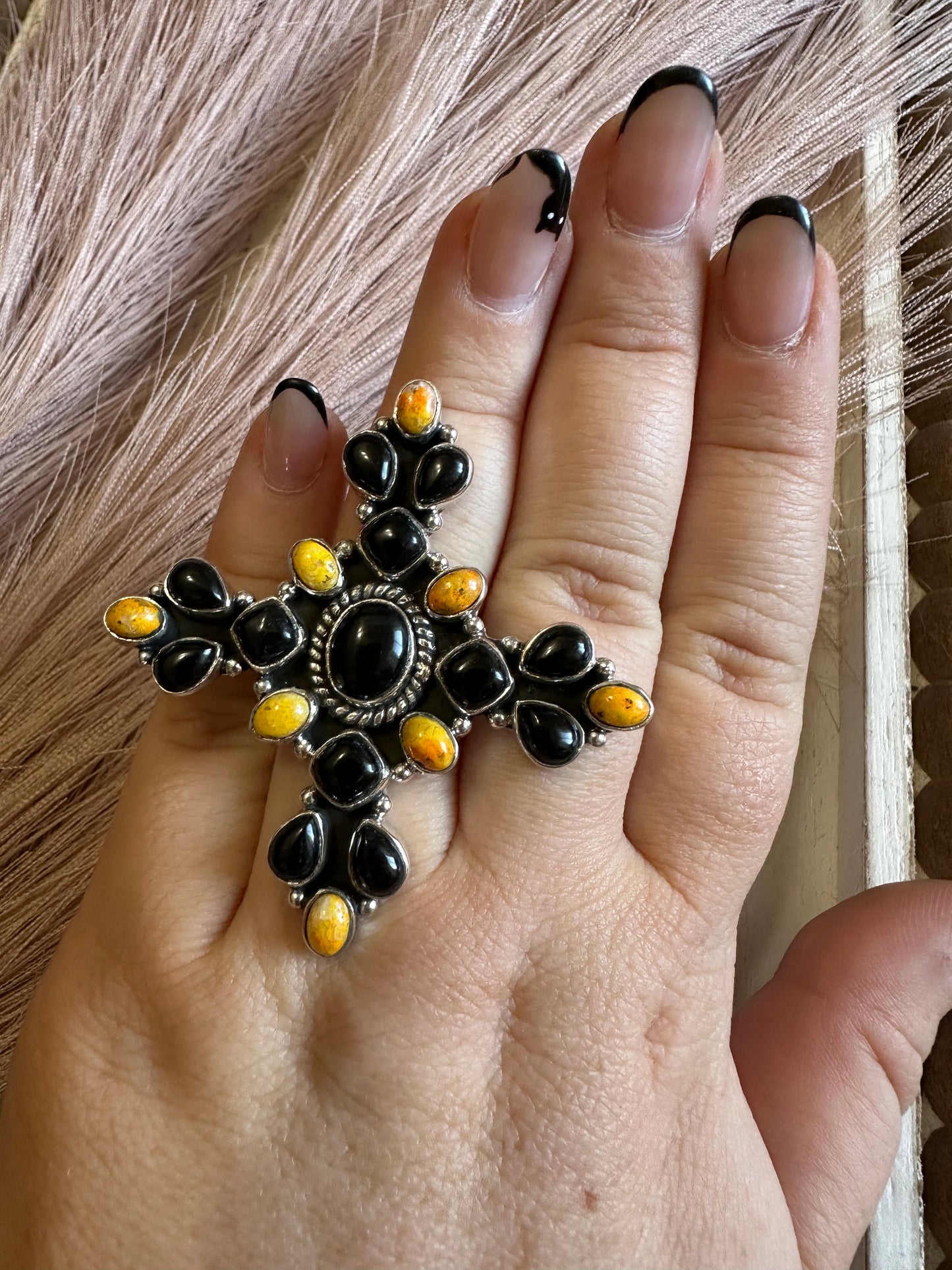 HALLOWEEN COLLECTION Nizhoni Black Onyx, Bumble Bee & Sterling Silver Adjustable Ring