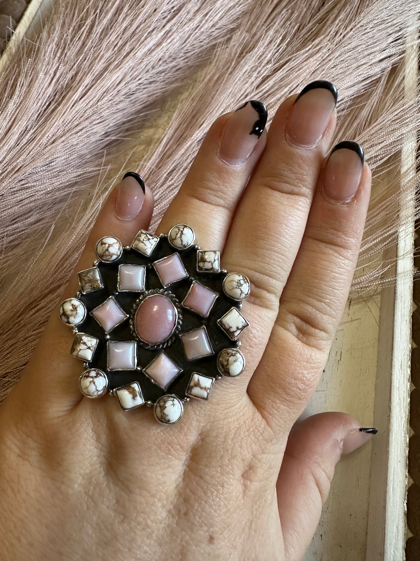 Handmade Wild Horse, Pink Conch & Sterling Silver Adjustable Ring Signed Nizhoni