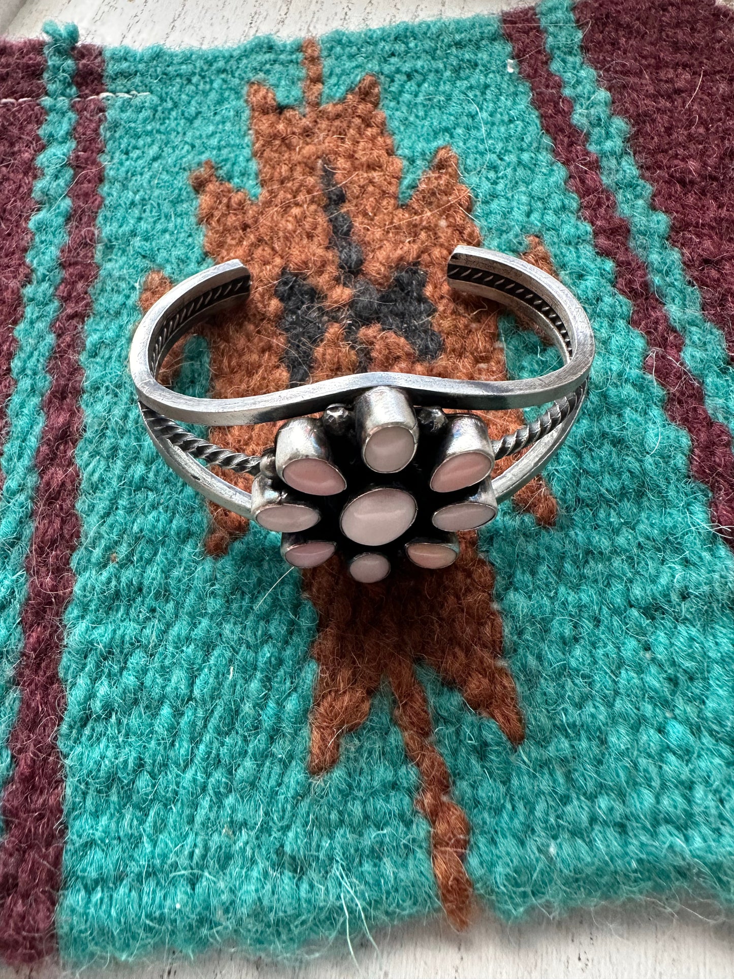 Navajo Pink Conch & Sterling Silver Flower Cuff Bracelet Signed