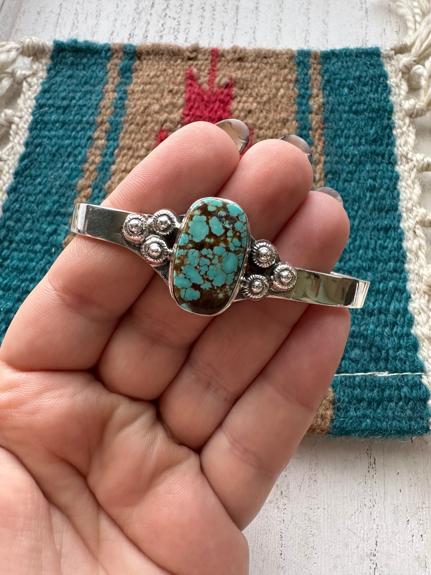 Handmade Sterling Silver & Single Stone Number 8 Turquoise Adjustable Cuff Bracelet