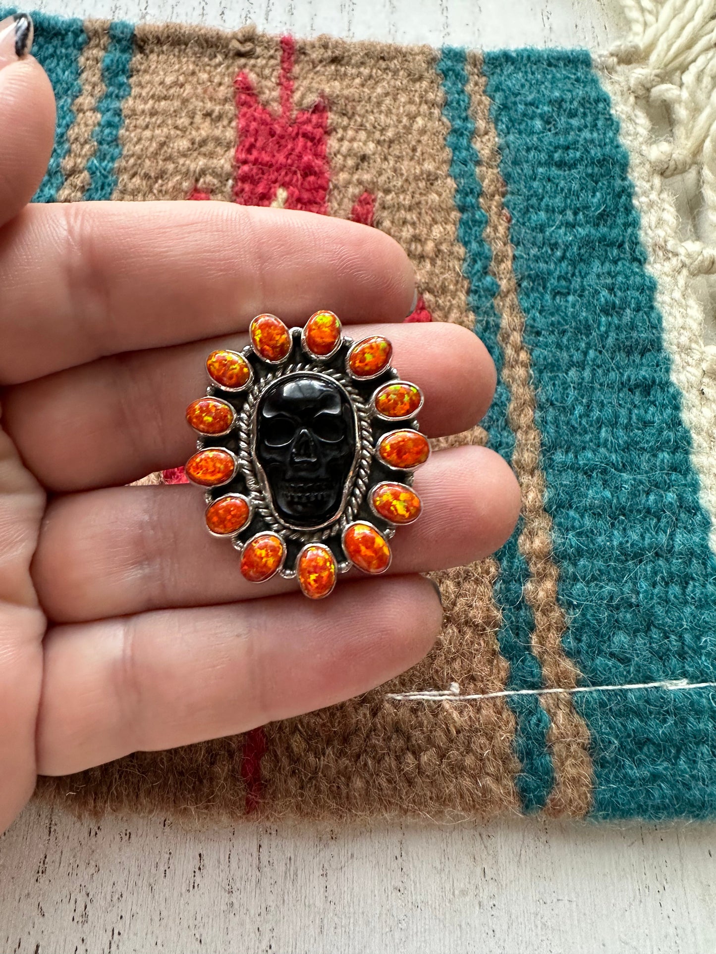 HALLOWEEN COLLECTION Nizhoni Black Onyx, Orange Fire Opal & Sterling Silver Adjustable Skull Ring