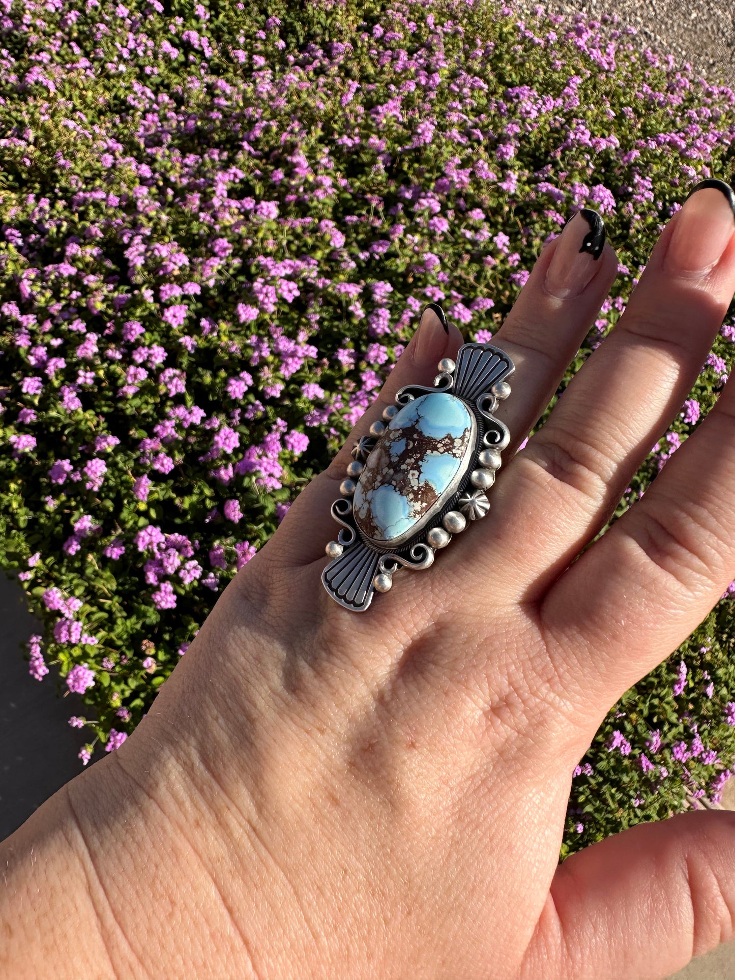 Navajo Golden Hills Turquoise & Sterling Silver Ring Size 9 Signed D. Benally
