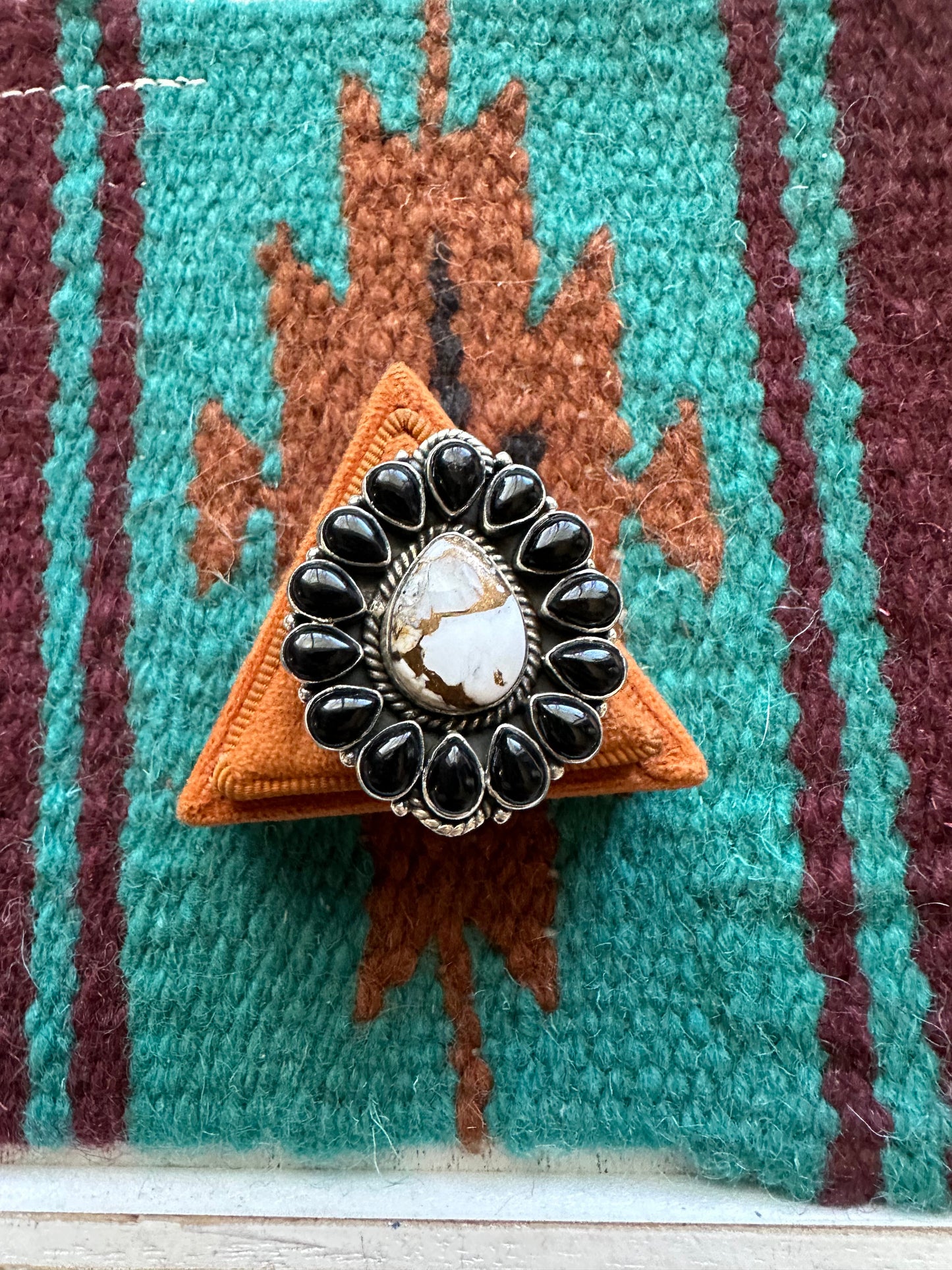 Handmade Nizhoni Onyx, White Buffalo Mojave & Sterling Silver Adjustable Ring- drop