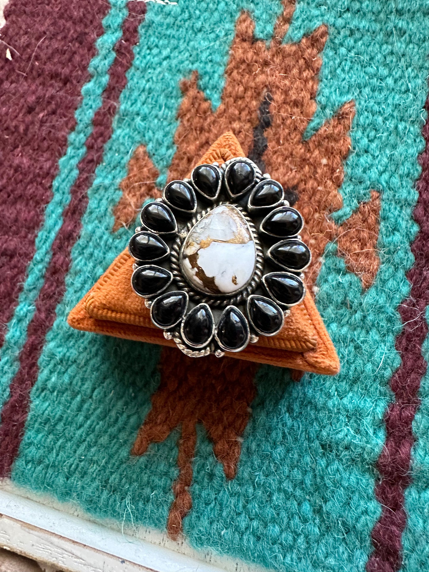 Handmade Nizhoni Onyx, White Buffalo Mojave & Sterling Silver Adjustable Ring- drop