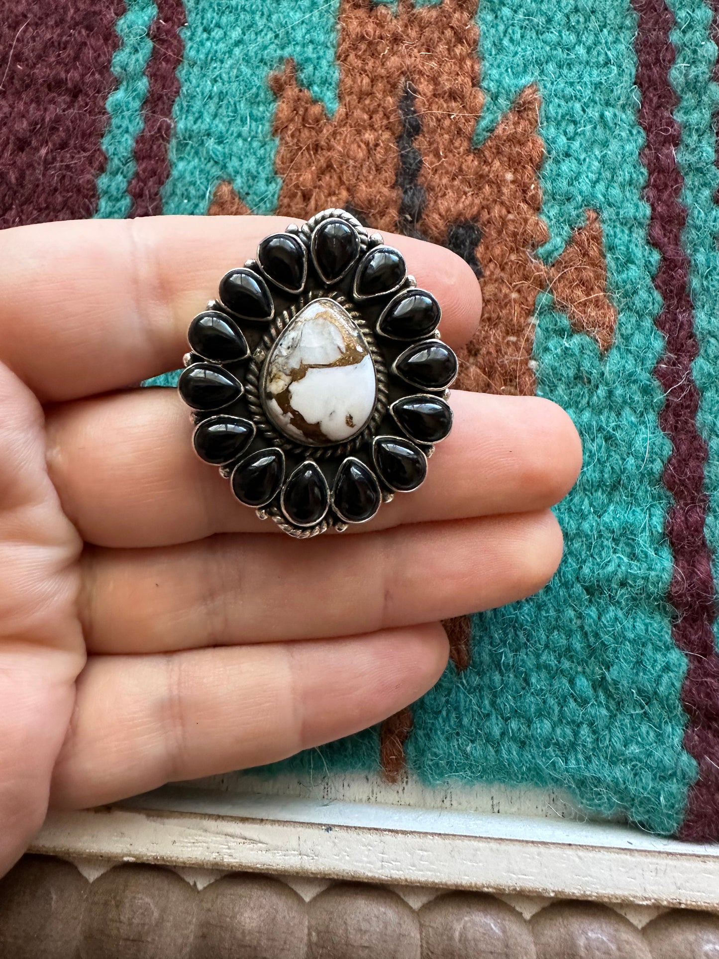 Handmade Nizhoni Onyx, White Buffalo Mojave & Sterling Silver Adjustable Ring- drop