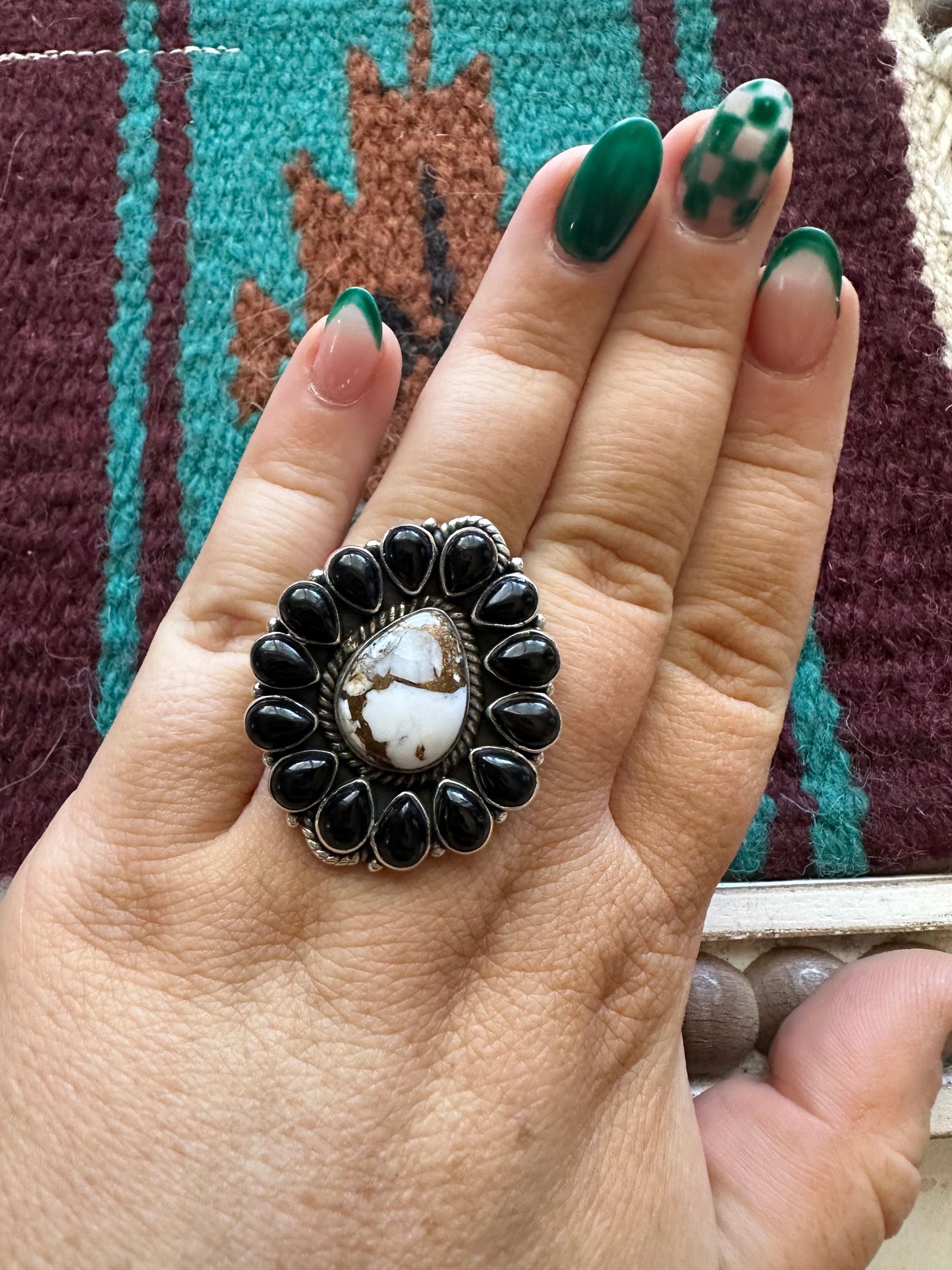 Handmade Nizhoni Onyx, White Buffalo Mojave & Sterling Silver Adjustable Ring- drop