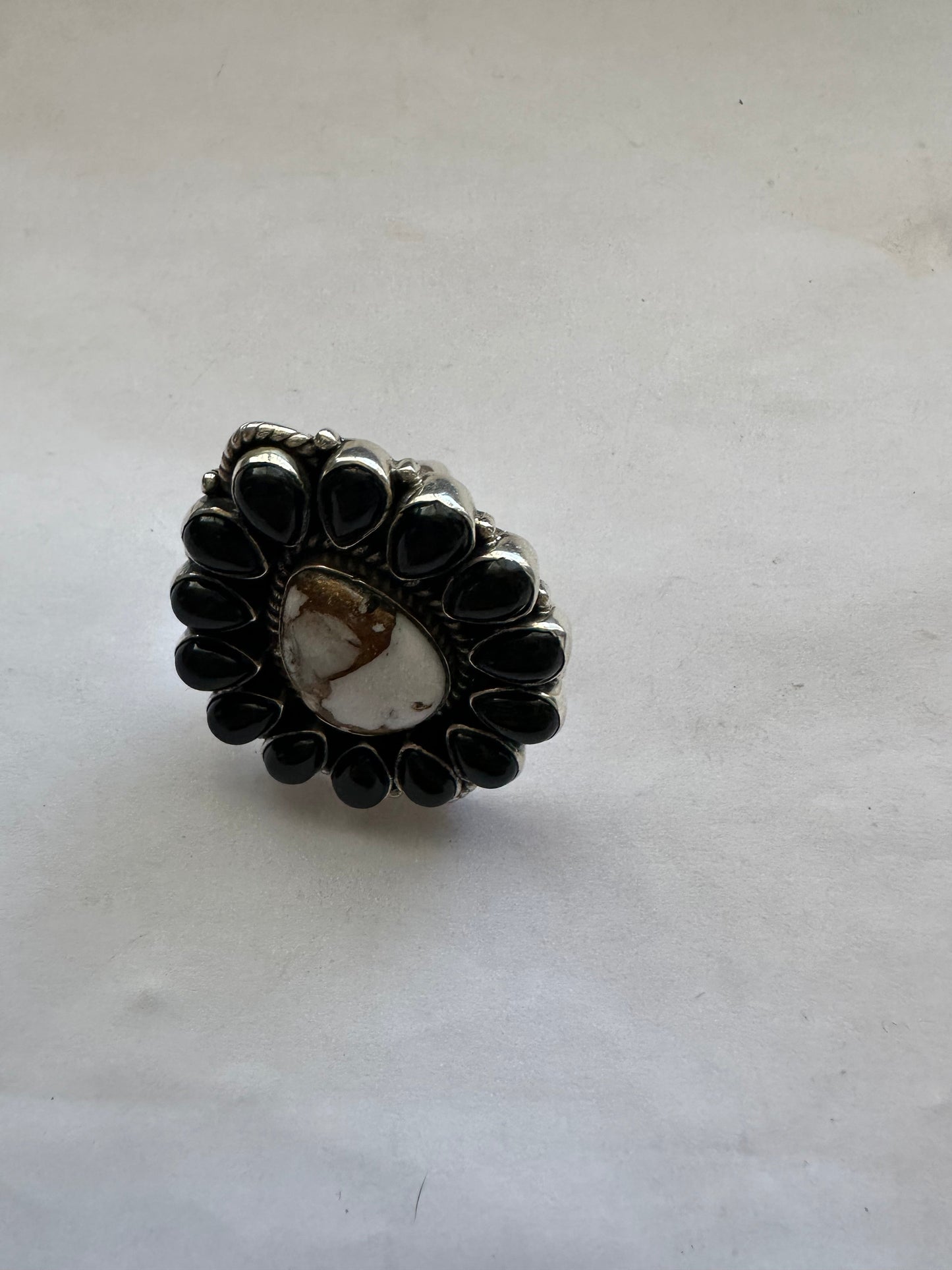 Handmade Nizhoni Onyx, White Buffalo Mojave & Sterling Silver Adjustable Ring- drop