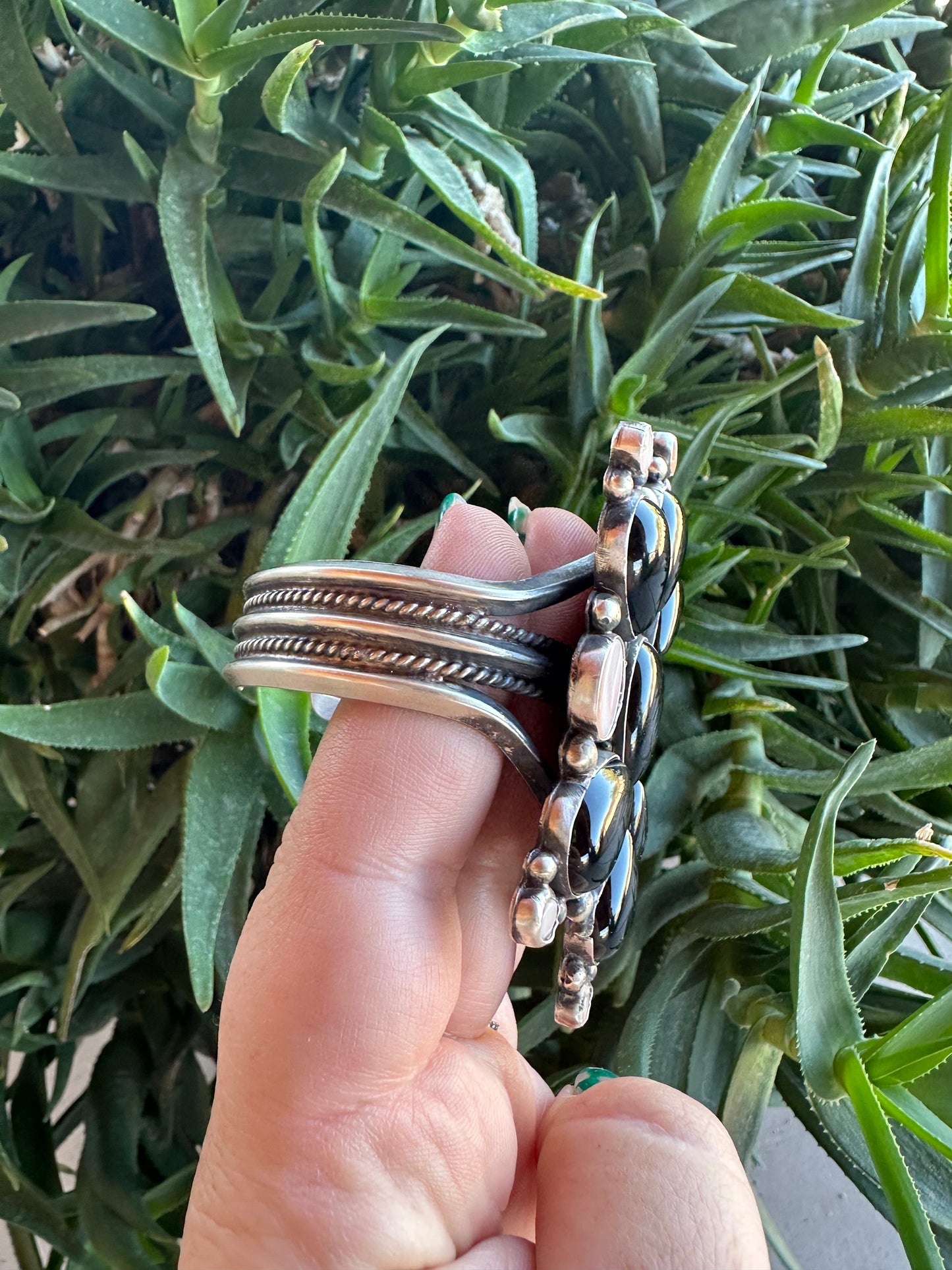 Navajo Sterling Silver, Black Onyx & Mother of Pearl Cluster Cuff Bracelet Signed