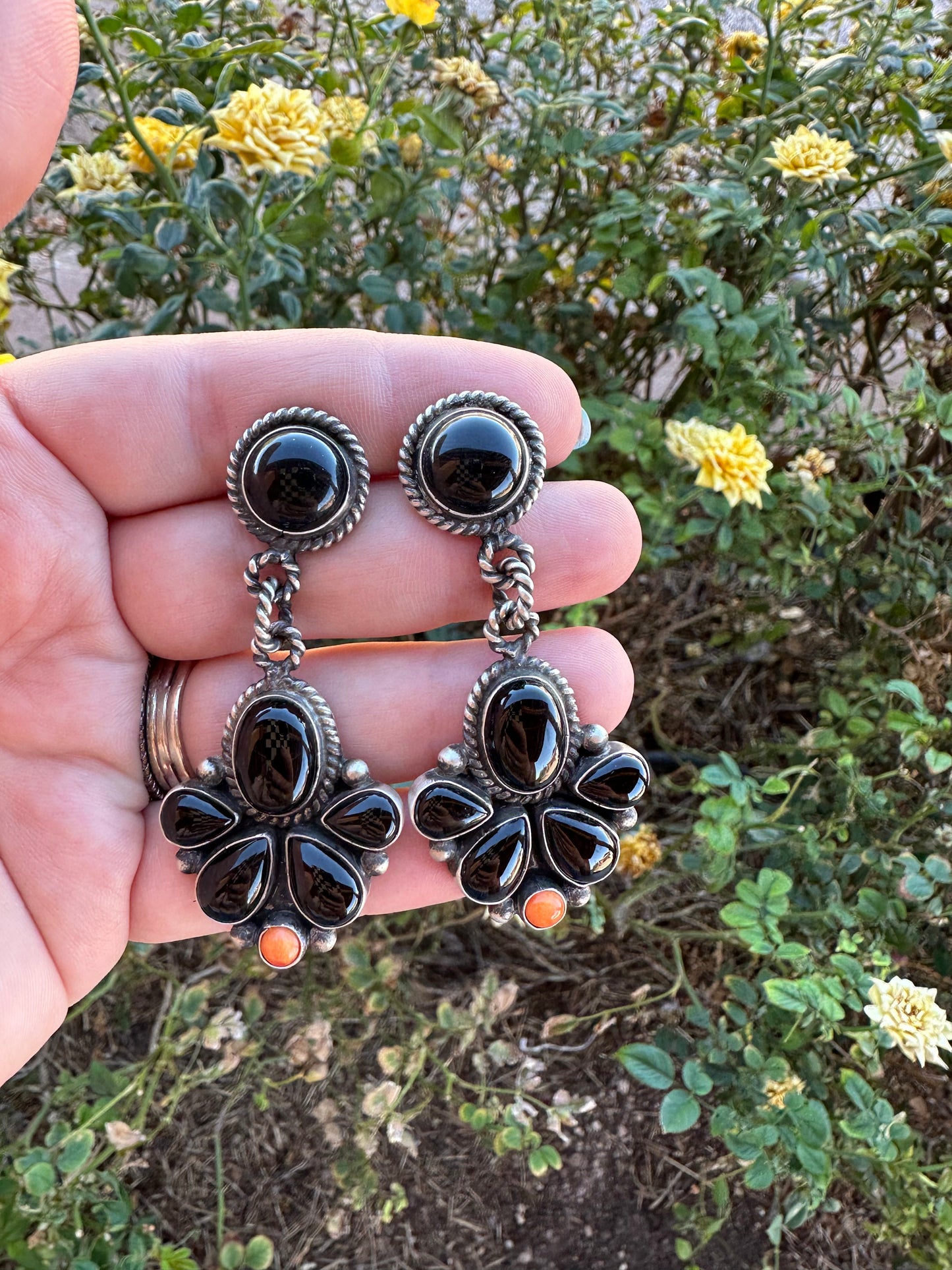 Navajo Onyx, Orange Spiny & Sterling Silver Cluster Dangle Earrings