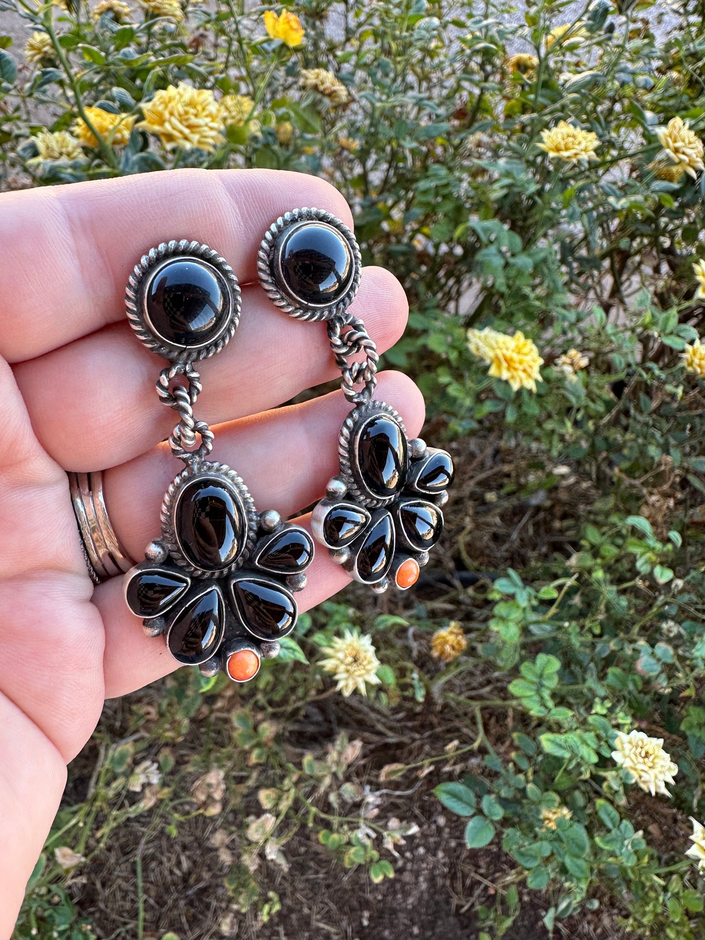 Navajo Onyx, Orange Spiny & Sterling Silver Cluster Dangle Earrings