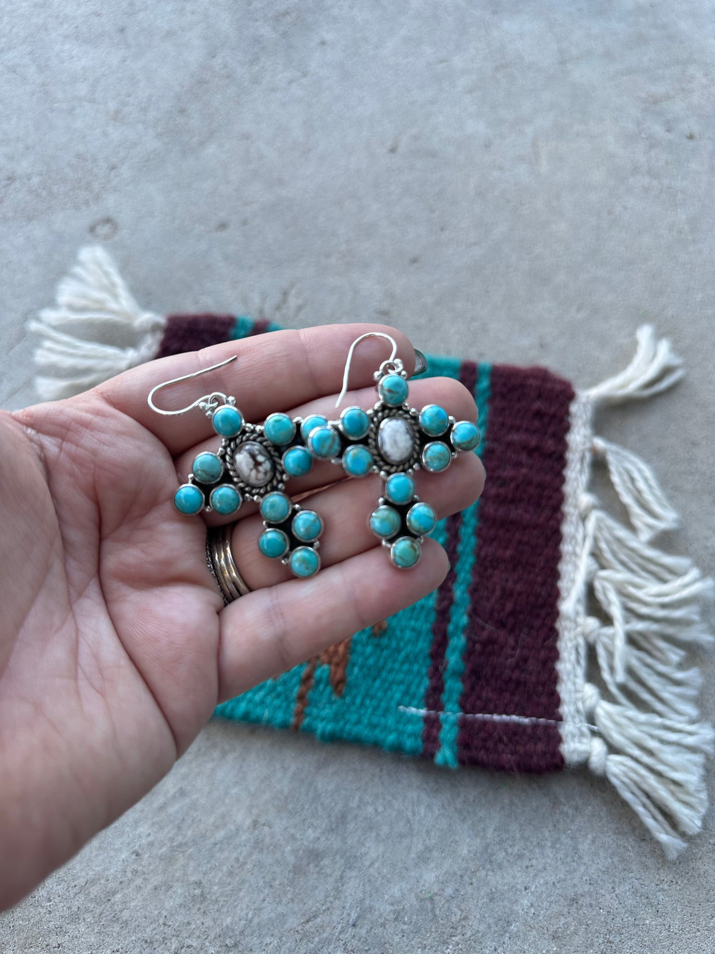Handmade Turquoise, Wild Horse And Sterling Silver Cluster Dangle Earrings