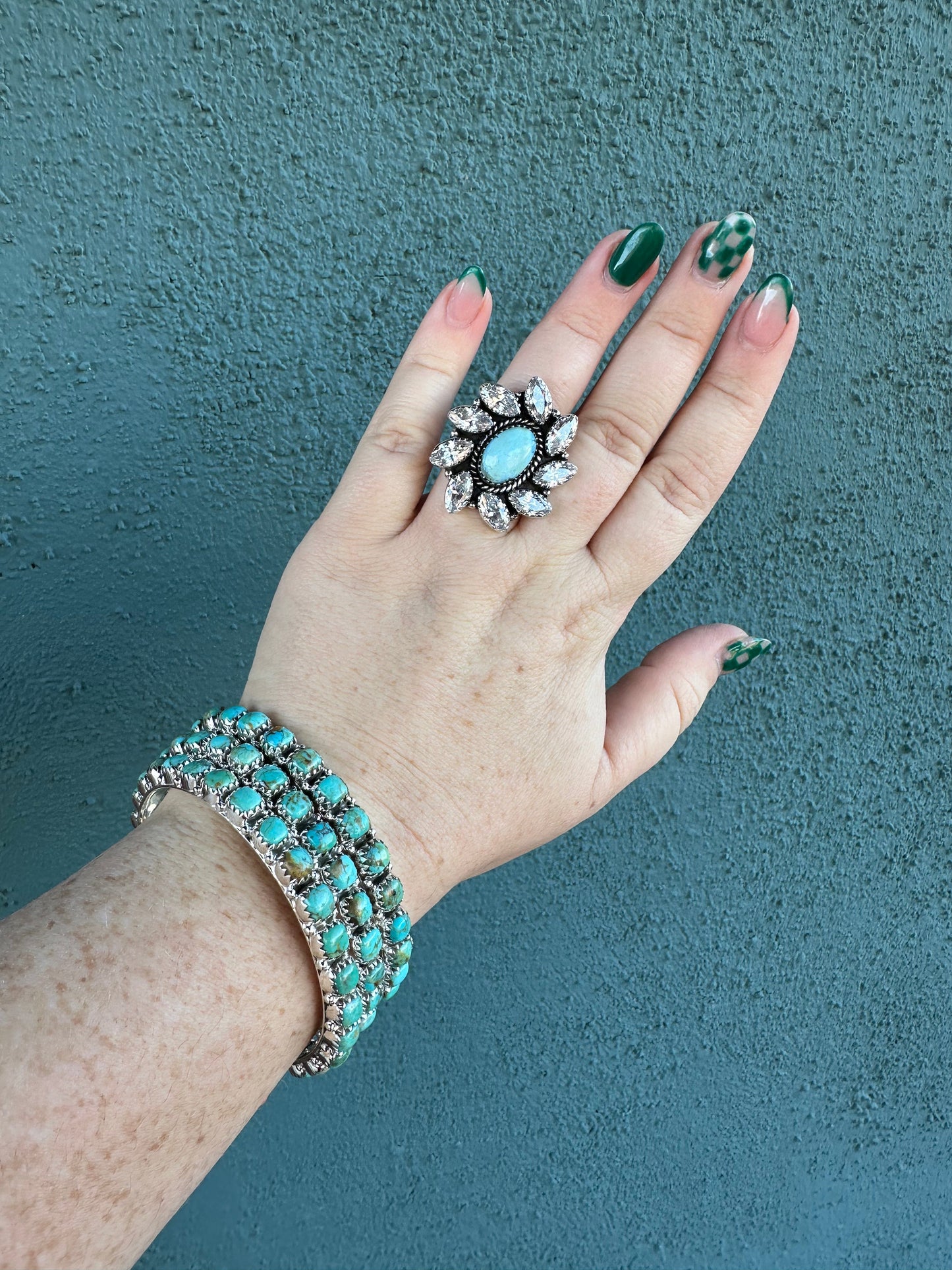 NFR COLLECTION Handmade Golden Hills Turquoise, CZ & Sterling Silver Adjustable Ring Signed Nizhoni
