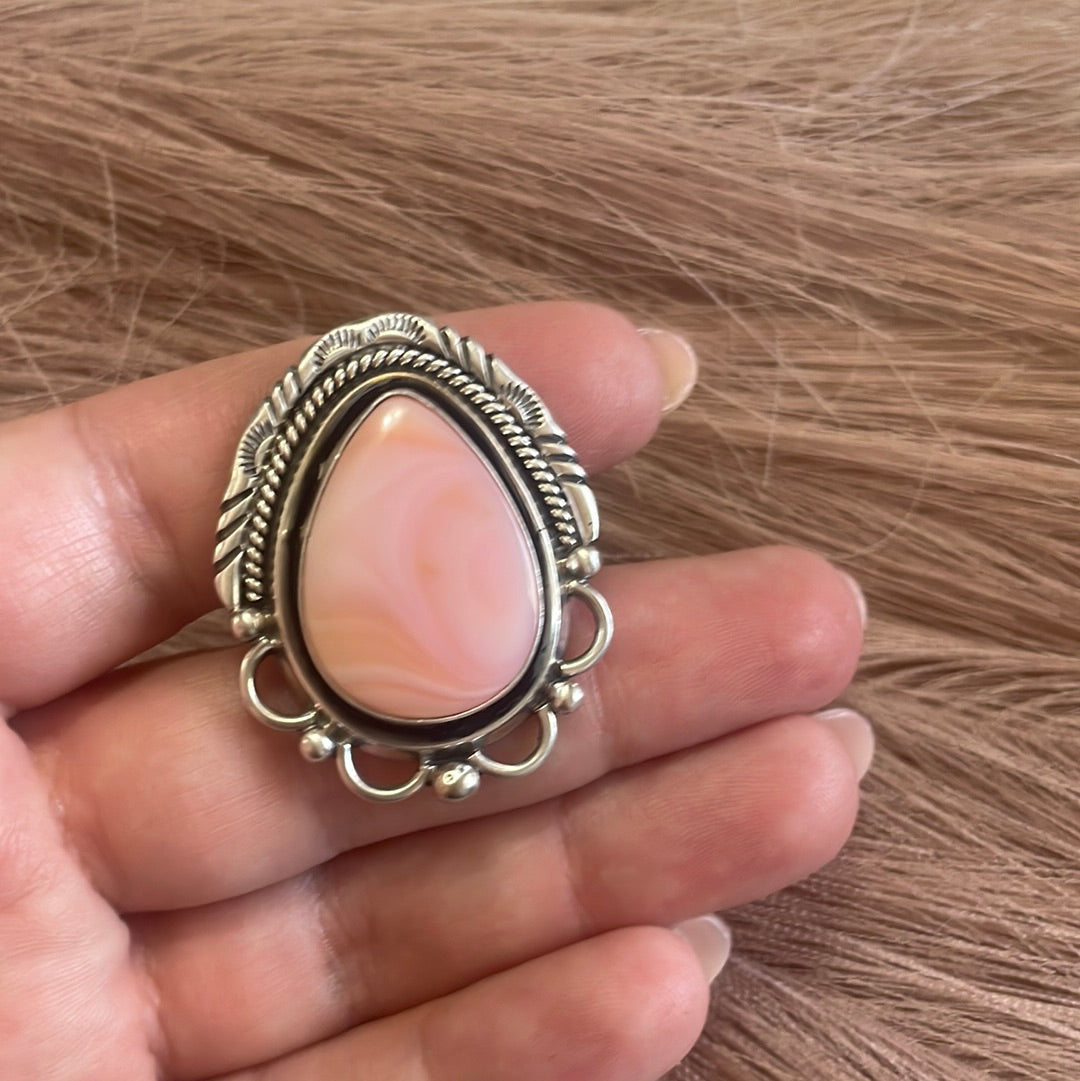 Gorgeous Navajo Pink Peruvian Opal And Sterling Silver Adjustable Ring