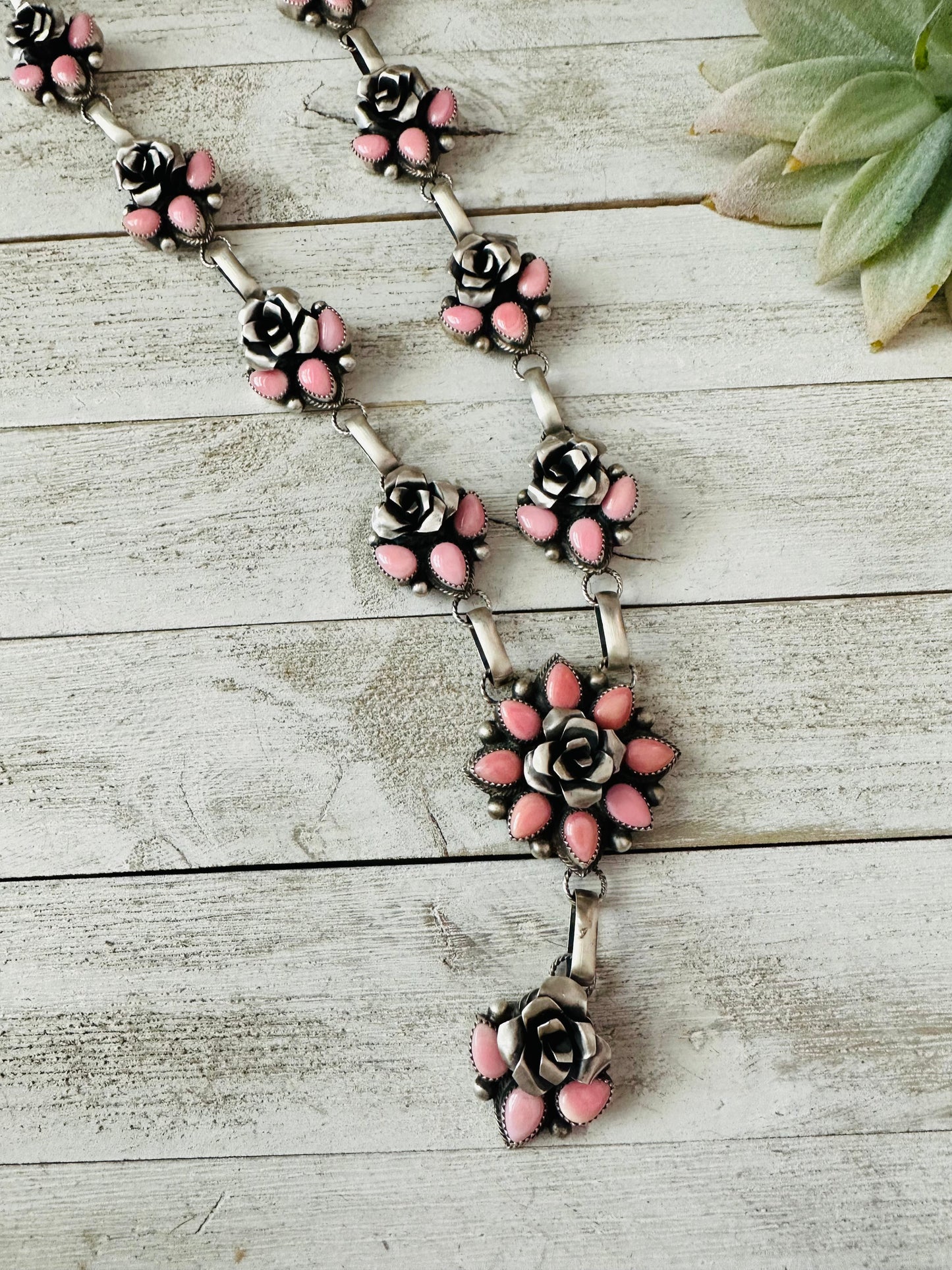 Navajo Sterling Silver & Queen Pink Conch Shell Flower Necklace