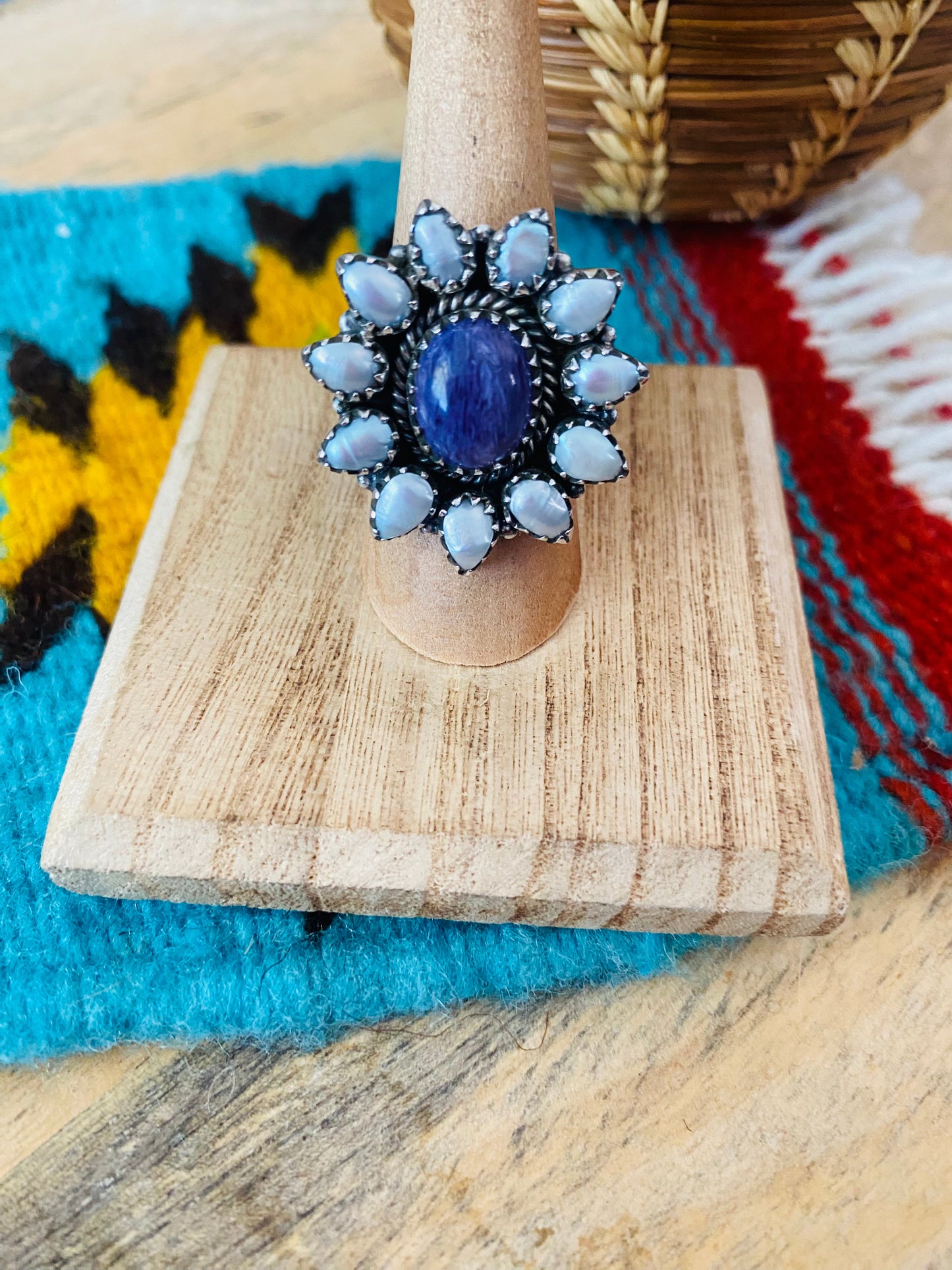 Handmade Sterling Silver, Charoite & Pearl Cluster Adjustable Ring