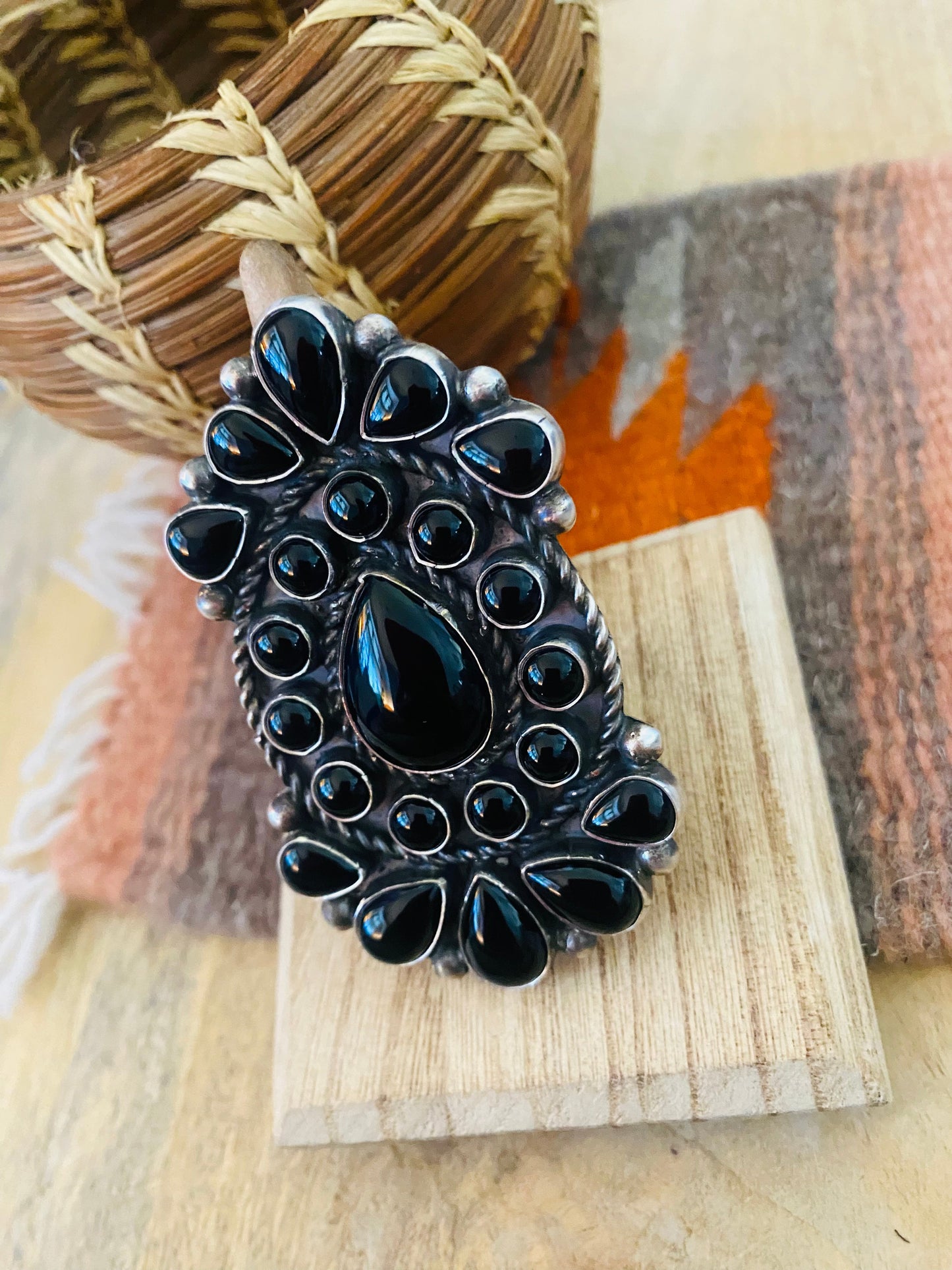 Navajo Sterling Silver & Black Onyx Cluster Ring Size 9