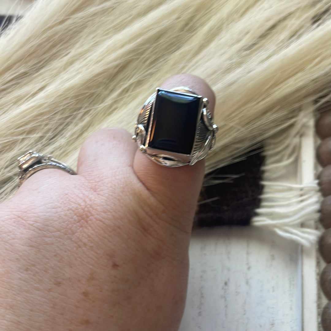 Navajo Sterling Silver & Black Onyx Rectangluar Ring Size 9