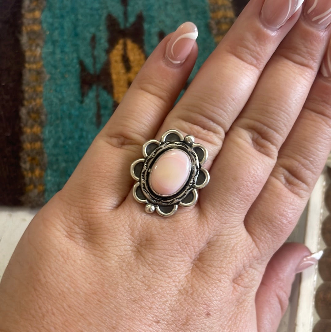 Gorgeous Navajo Pink Peruvian Opal And Sterling Silver Adjustable Ring Signed