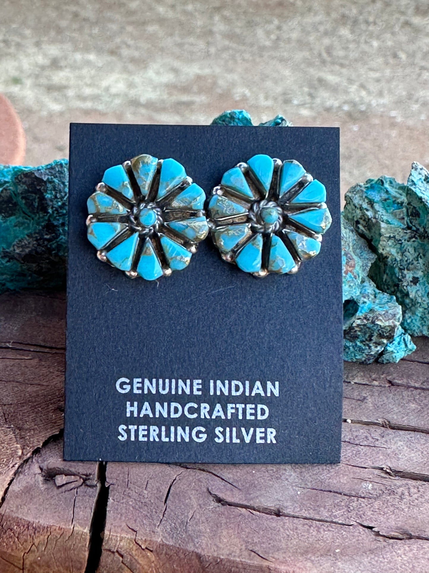 Zuni Turquoise and Sterling Silver Cluster Stud Earrings Signed