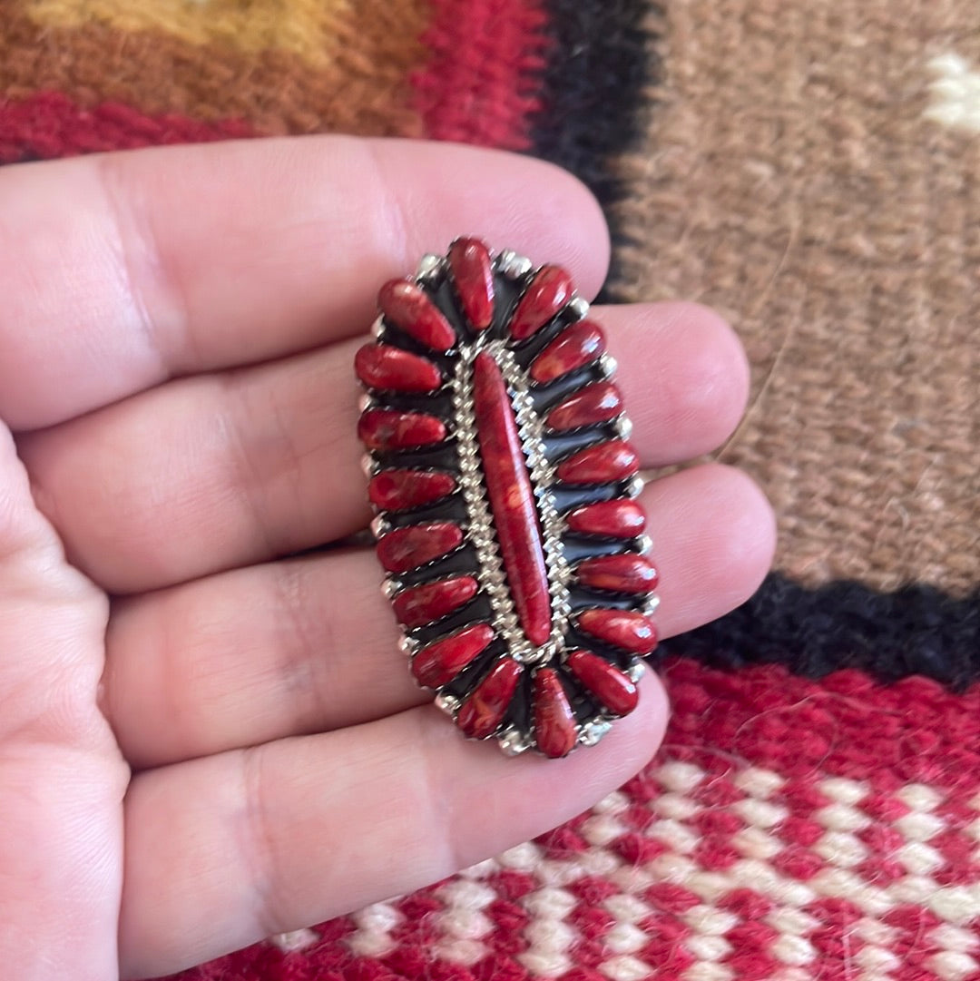 Navajo Sterling Silver & Coral Oval Cluster Ring Signed