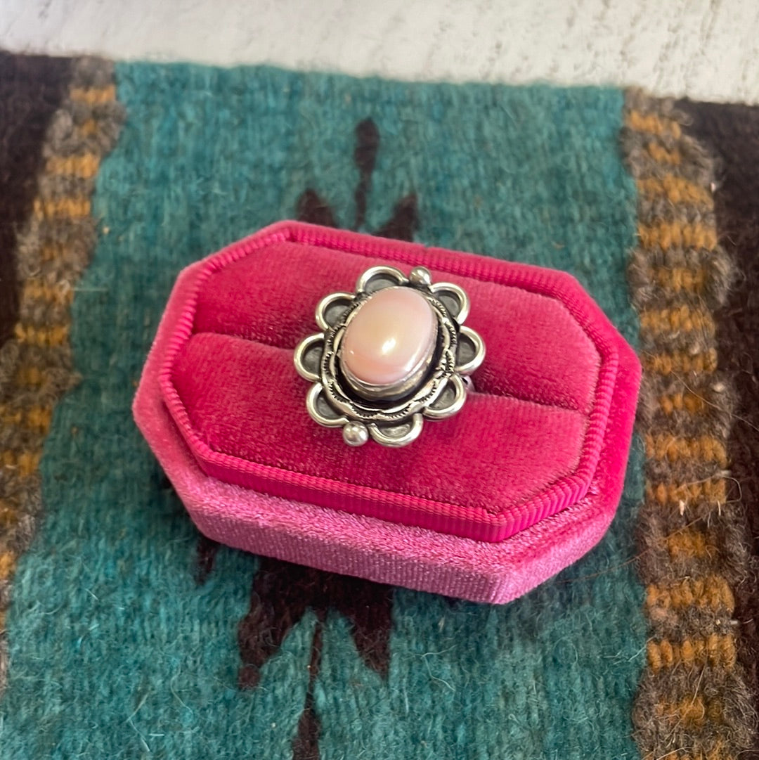 Gorgeous Navajo Pink Peruvian Opal And Sterling Silver Adjustable Ring Signed