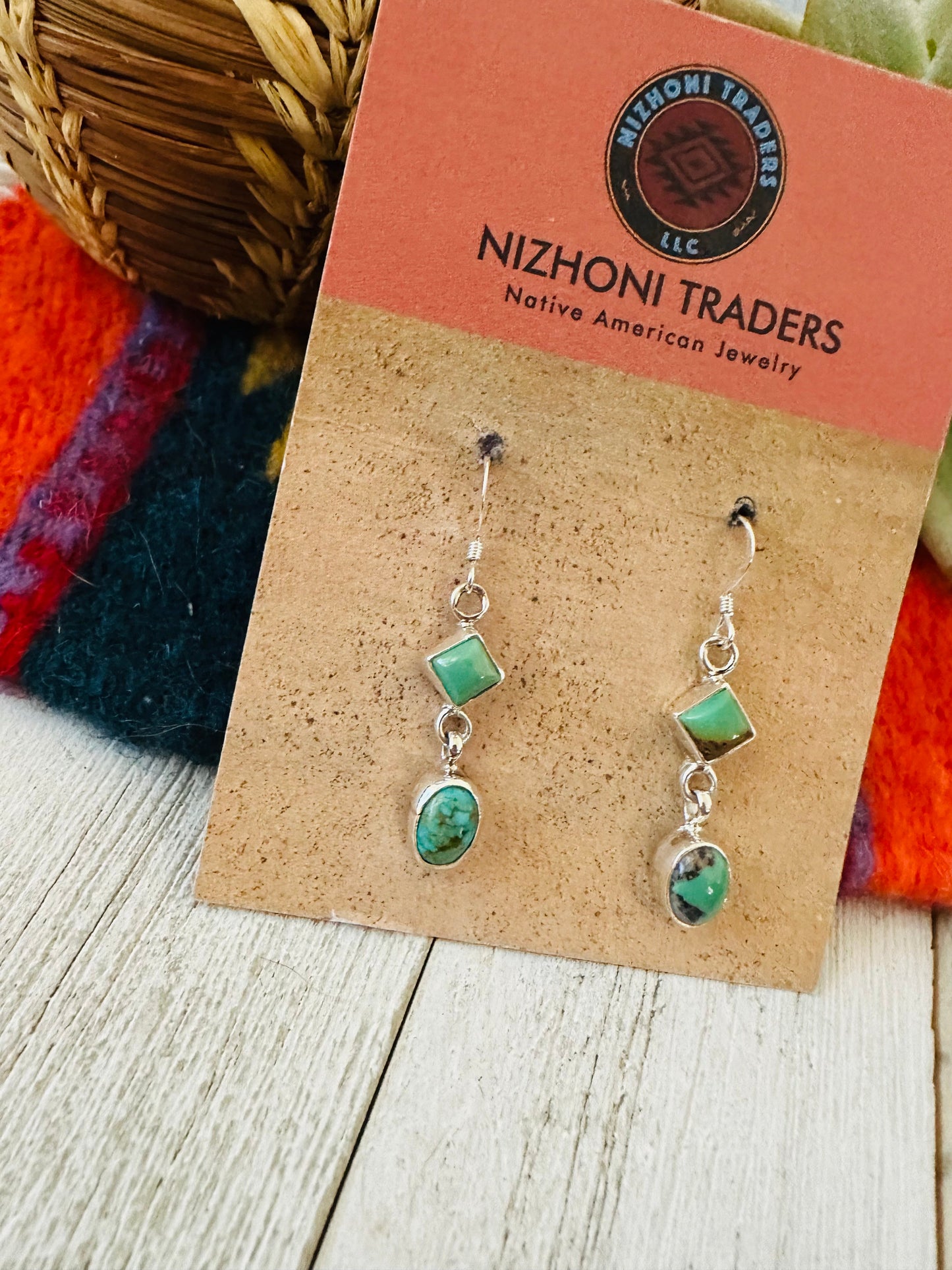 Navajo Turquoise & Sterling Silver Two Stone Dangle Earrings