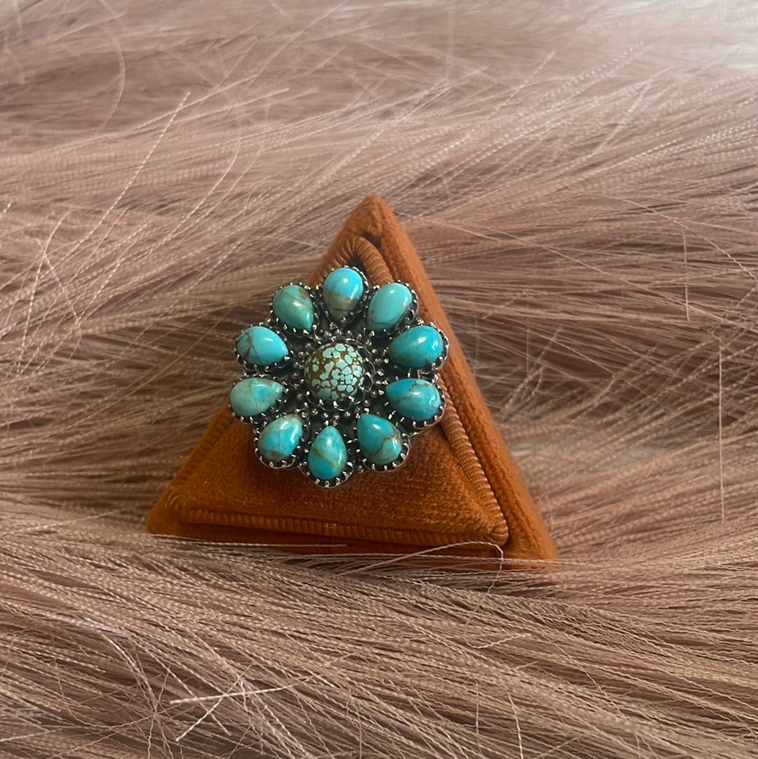 Turquoise Petals Handmade Adjustable Turquoise Sterling Silver Flower Ring