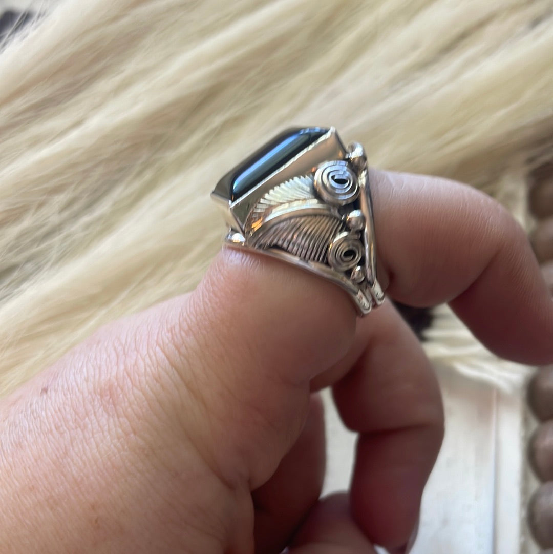 Navajo Sterling Silver & Black Onyx Rectangluar Ring Size 9