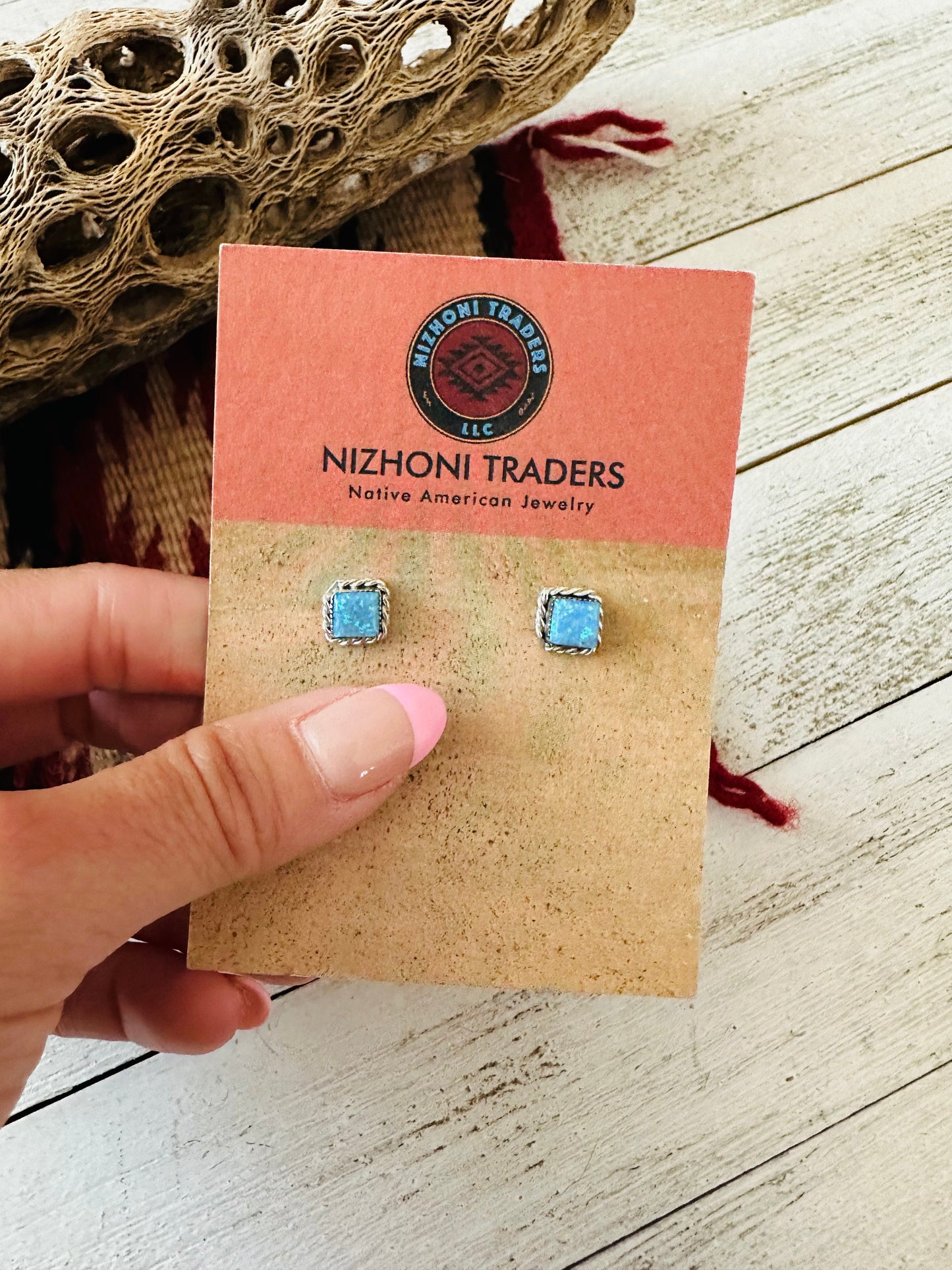 Zuni Blue Opal & Sterling Silver Square Stud Earrings