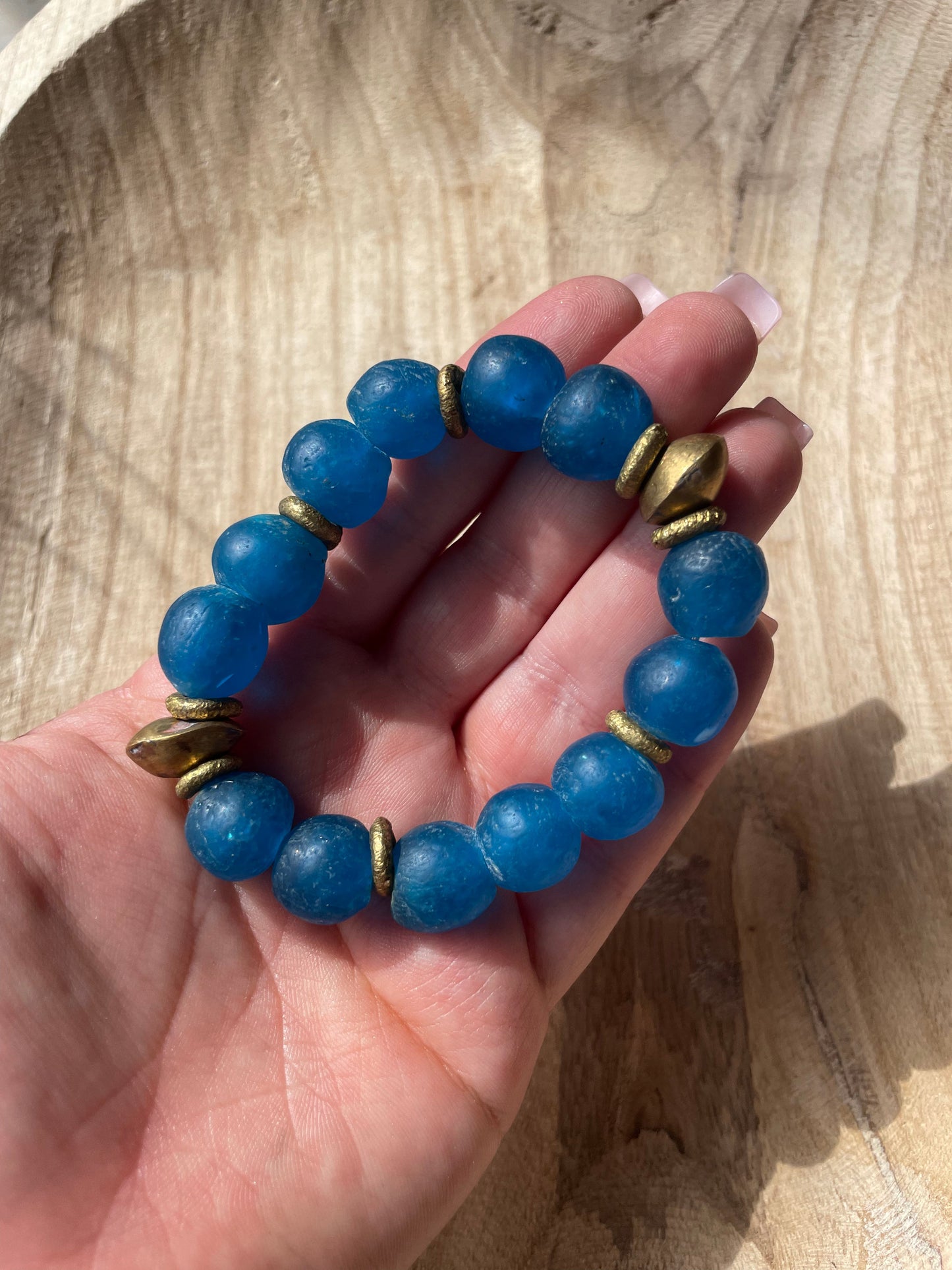 Handmade Recycled Glass Beaded Stretch Bracelet TRUE BLUE